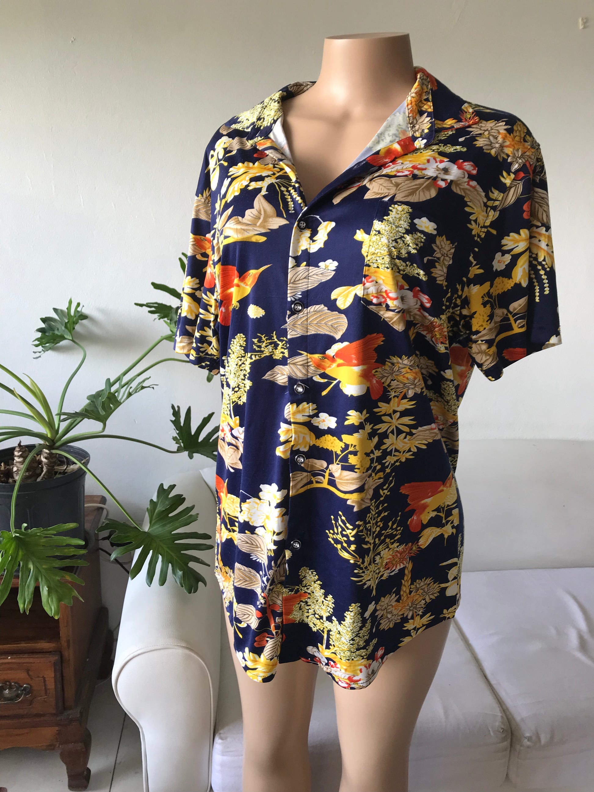 Retro hummingbird Navy button down shirt mens m ... +++ ^^^