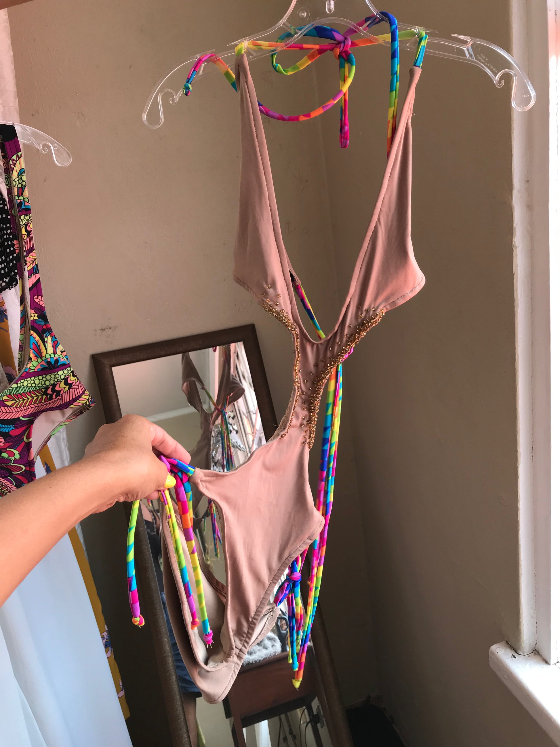 Locally made statement one piece swim champagne bead multi s