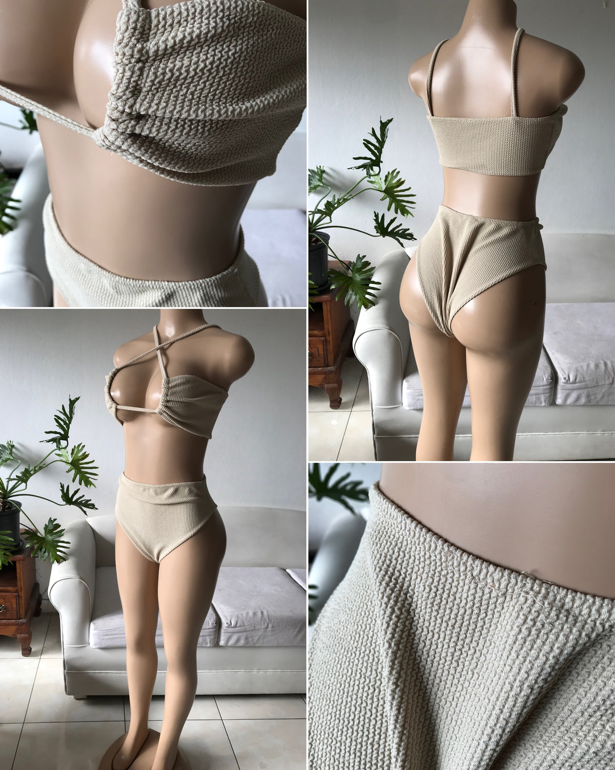 Cream textured high waist bikini set