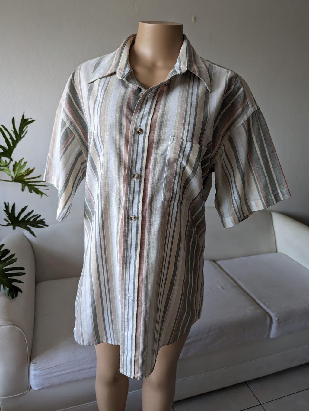 Vintage linen Stripe muted tones men's shirt L ... +++ ^^^