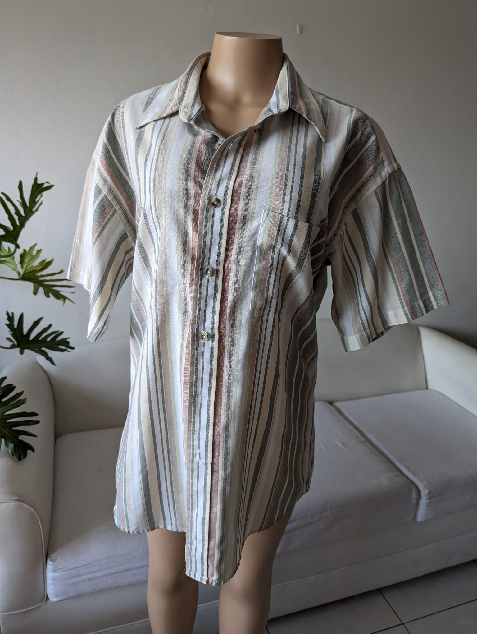 Vintage linen Stripe muted tones men's shirt L ... +++ ^^^