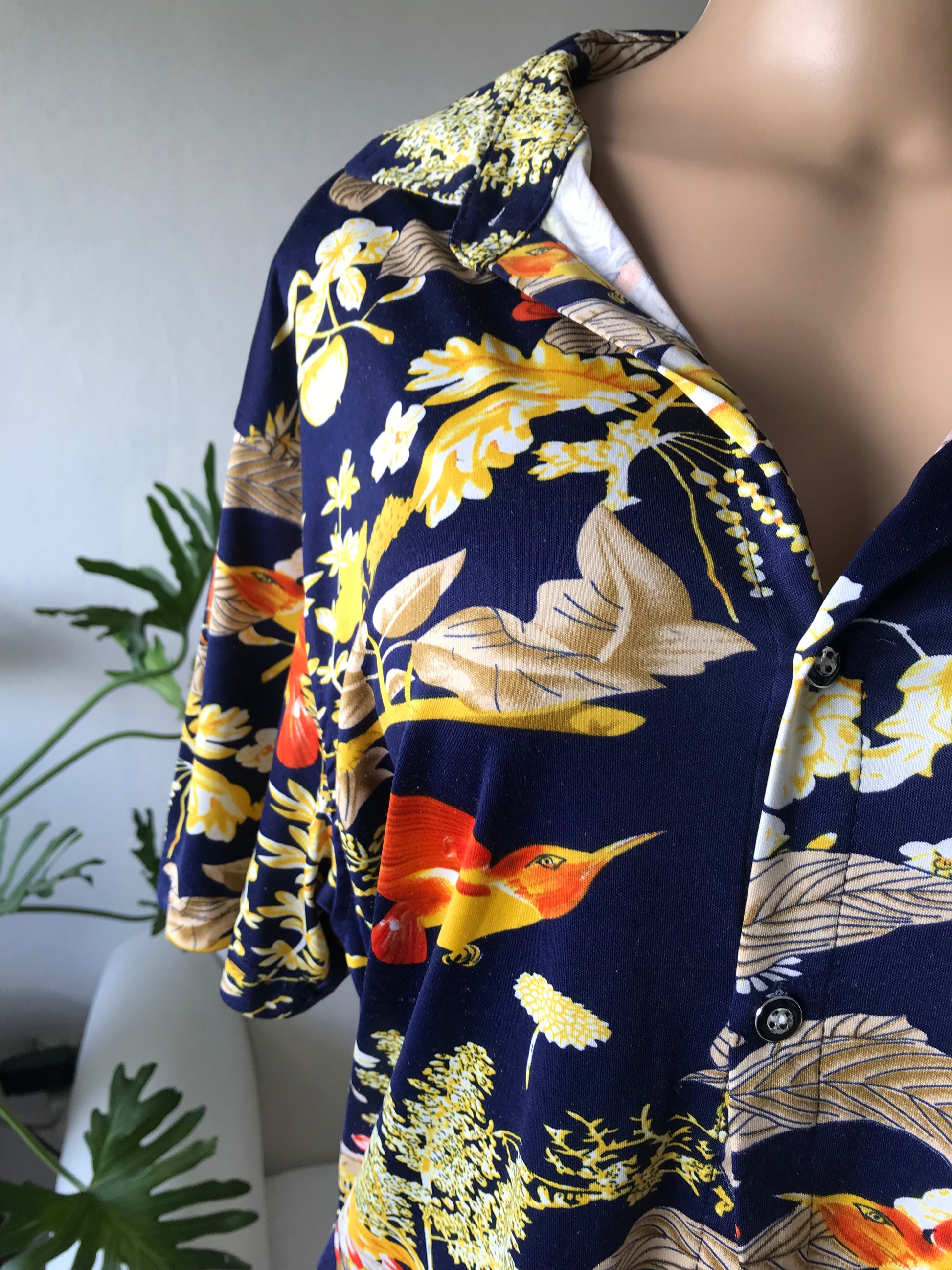 Retro hummingbird Navy button down shirt mens m ... +++ ^^^