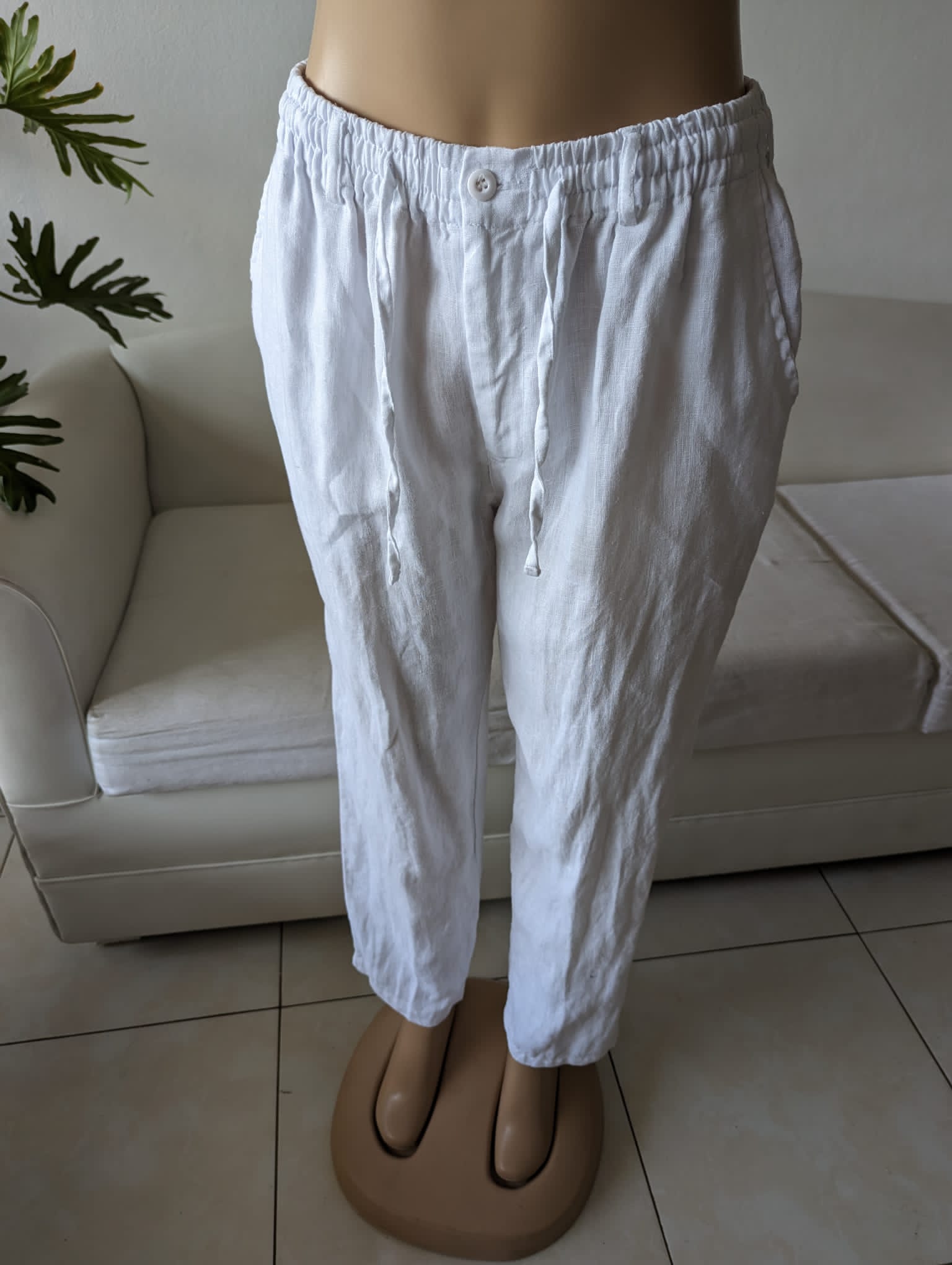 Classic White linen pants draw string m :::