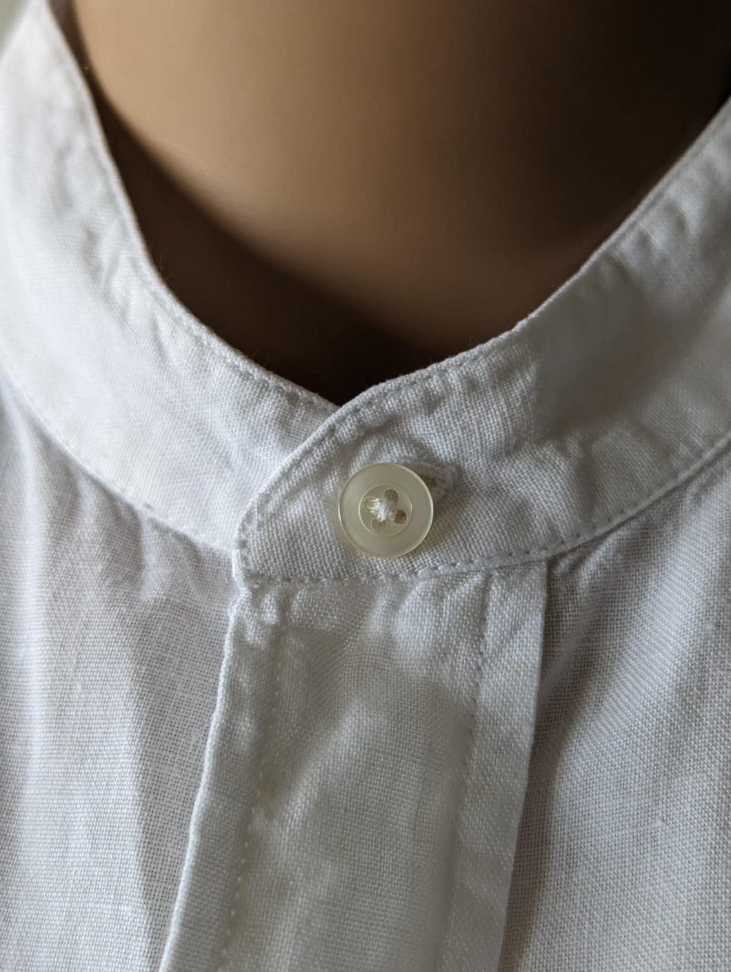 White linen nehru collar button down shirt