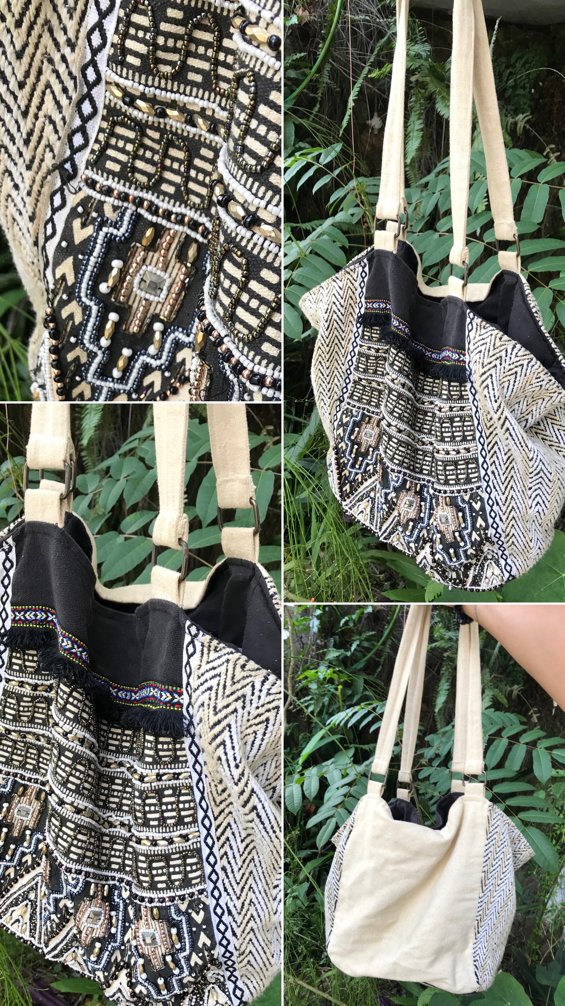 Beaded canvas tote bag