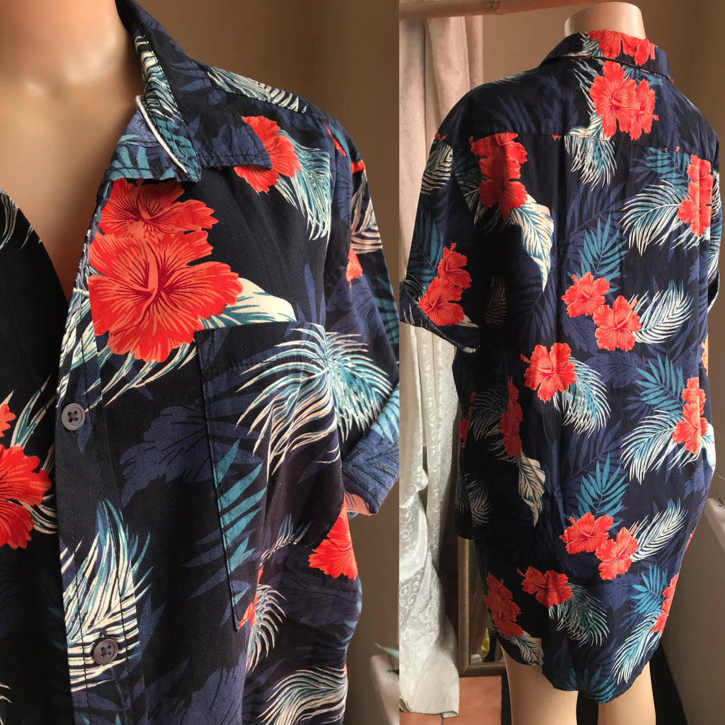 100% cotton Navy Hawaiian flower Men's shirt 2X /XL ... +++ ^^^