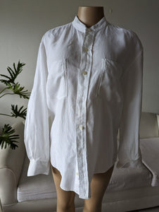 White linen nehru collar button down shirt