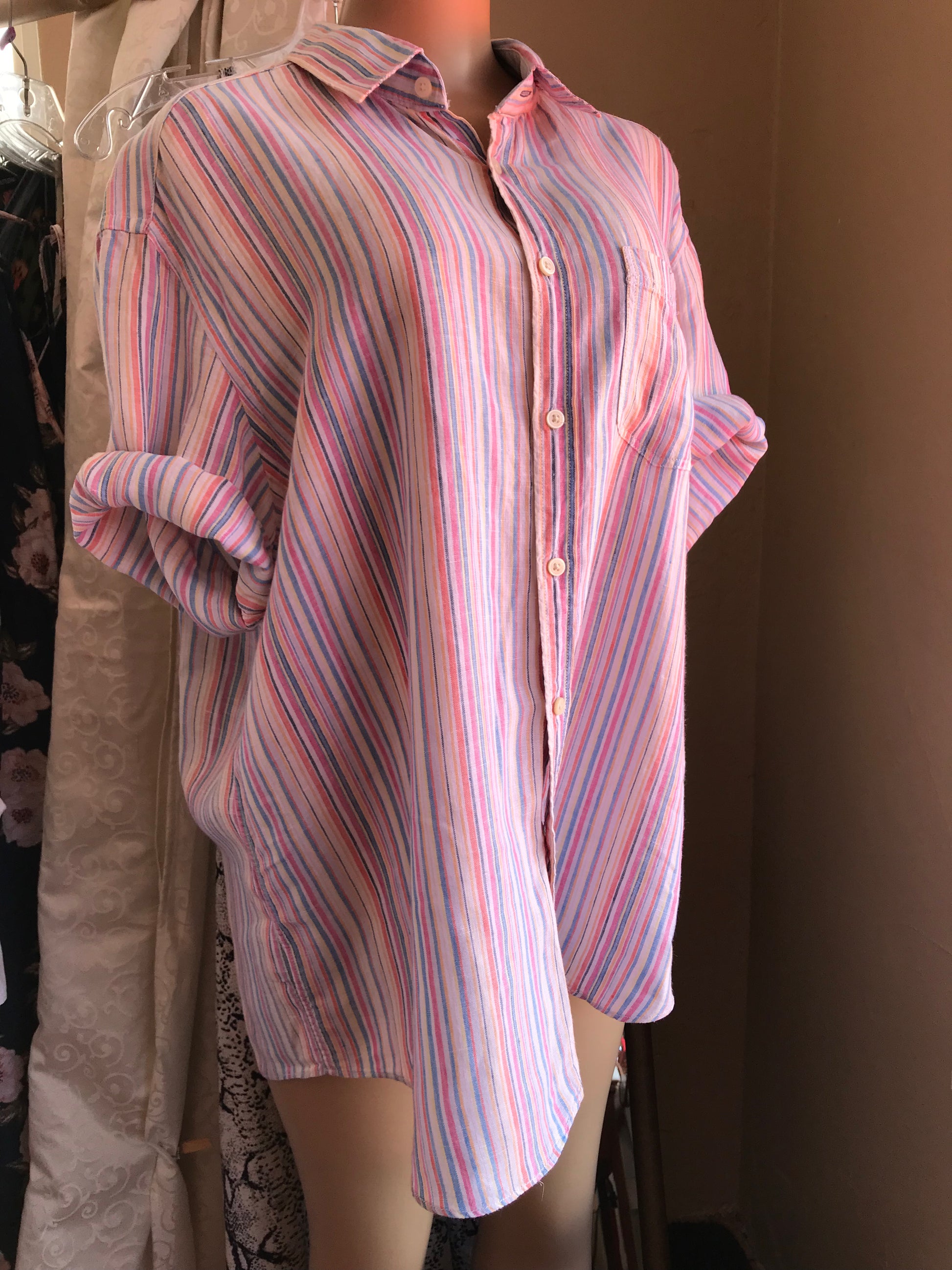 Retro Linen men's pastel candy striped shirt 2x /XL ... ^^^