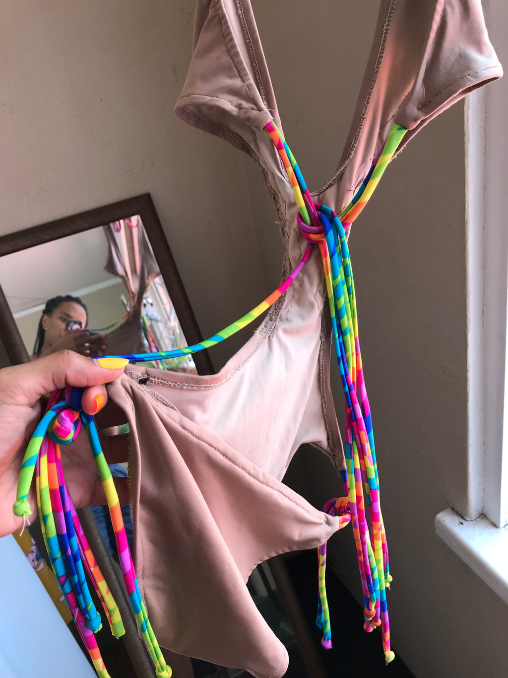 Locally made statement one piece swim champagne bead multi s