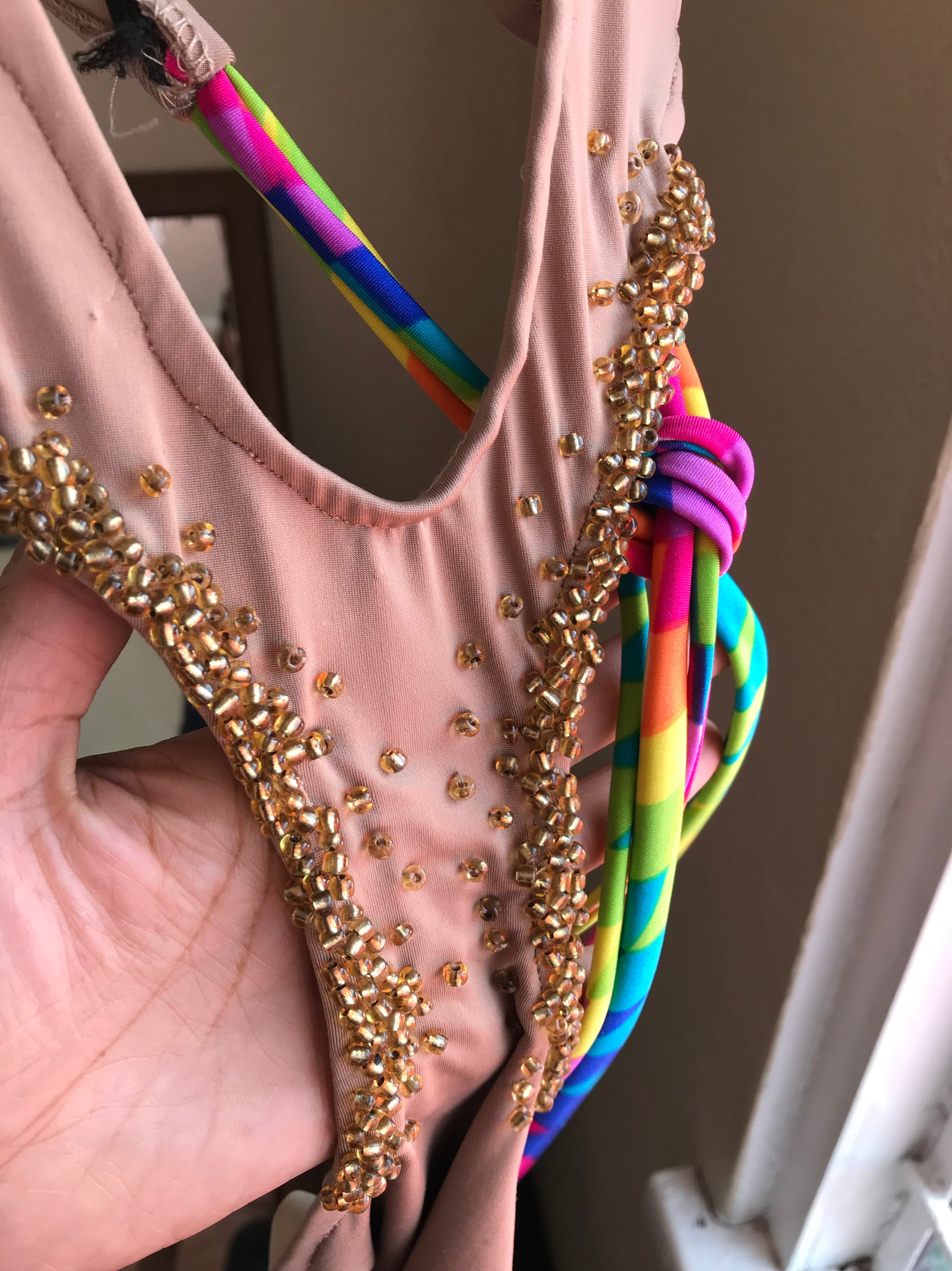 Locally made statement one piece swim champagne bead multi s