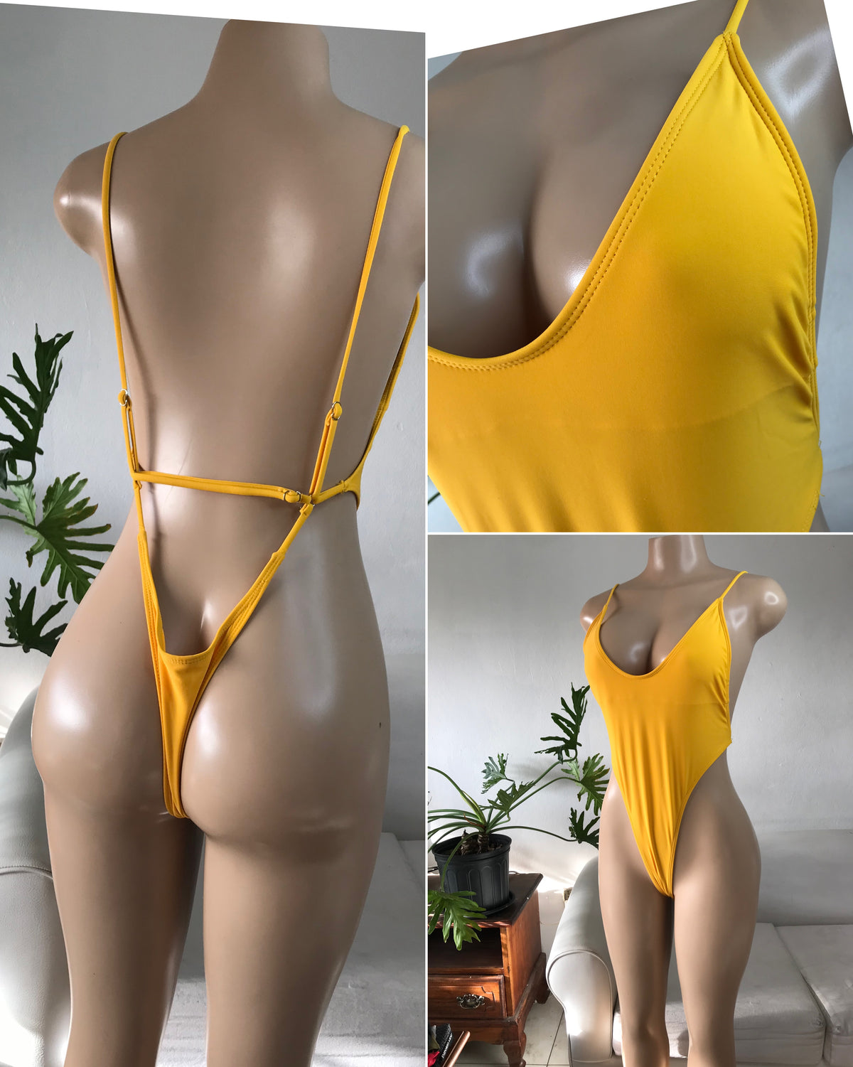 Mustard backless thong one piece swim suit