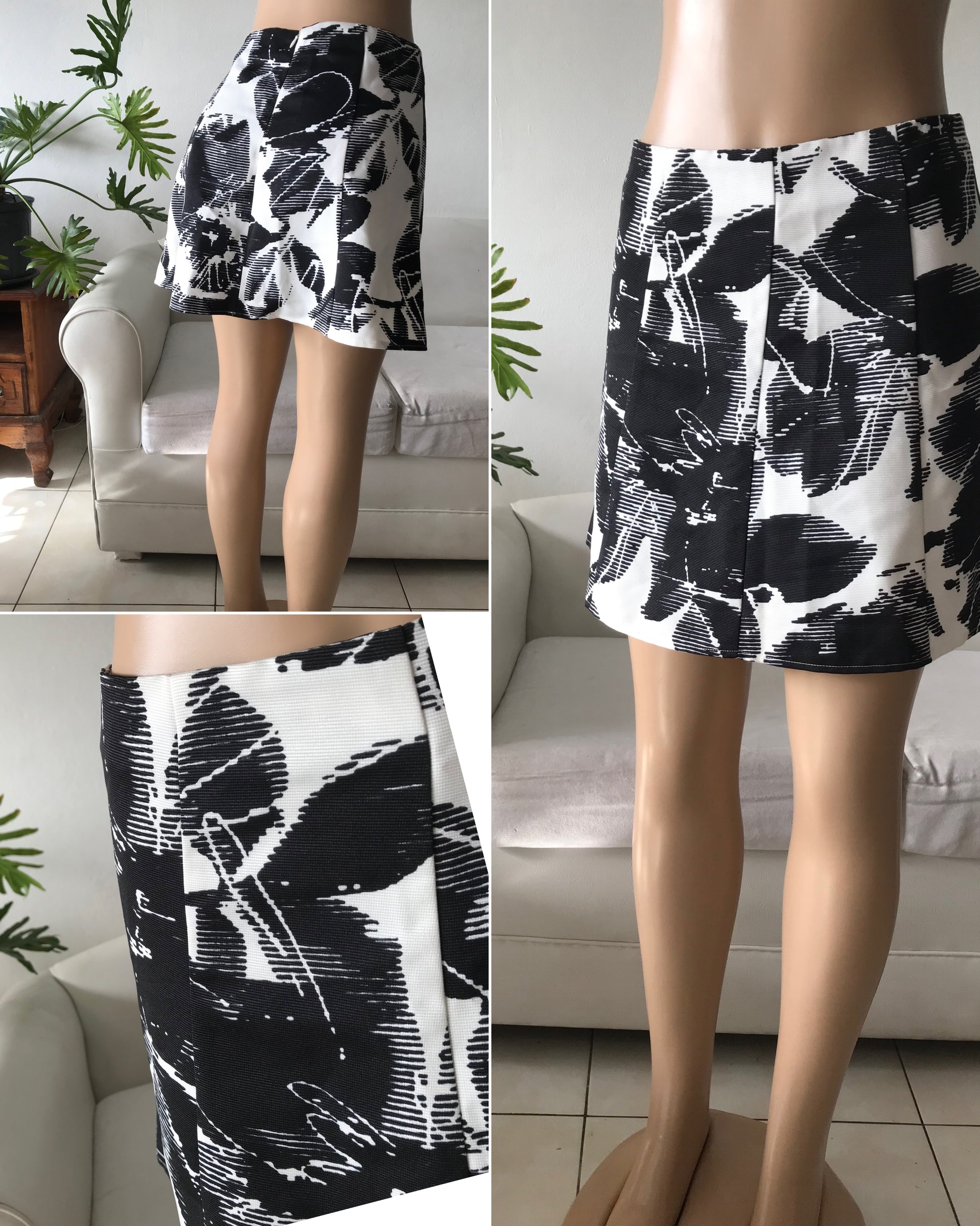 B&W retro A-line floral skirt • S