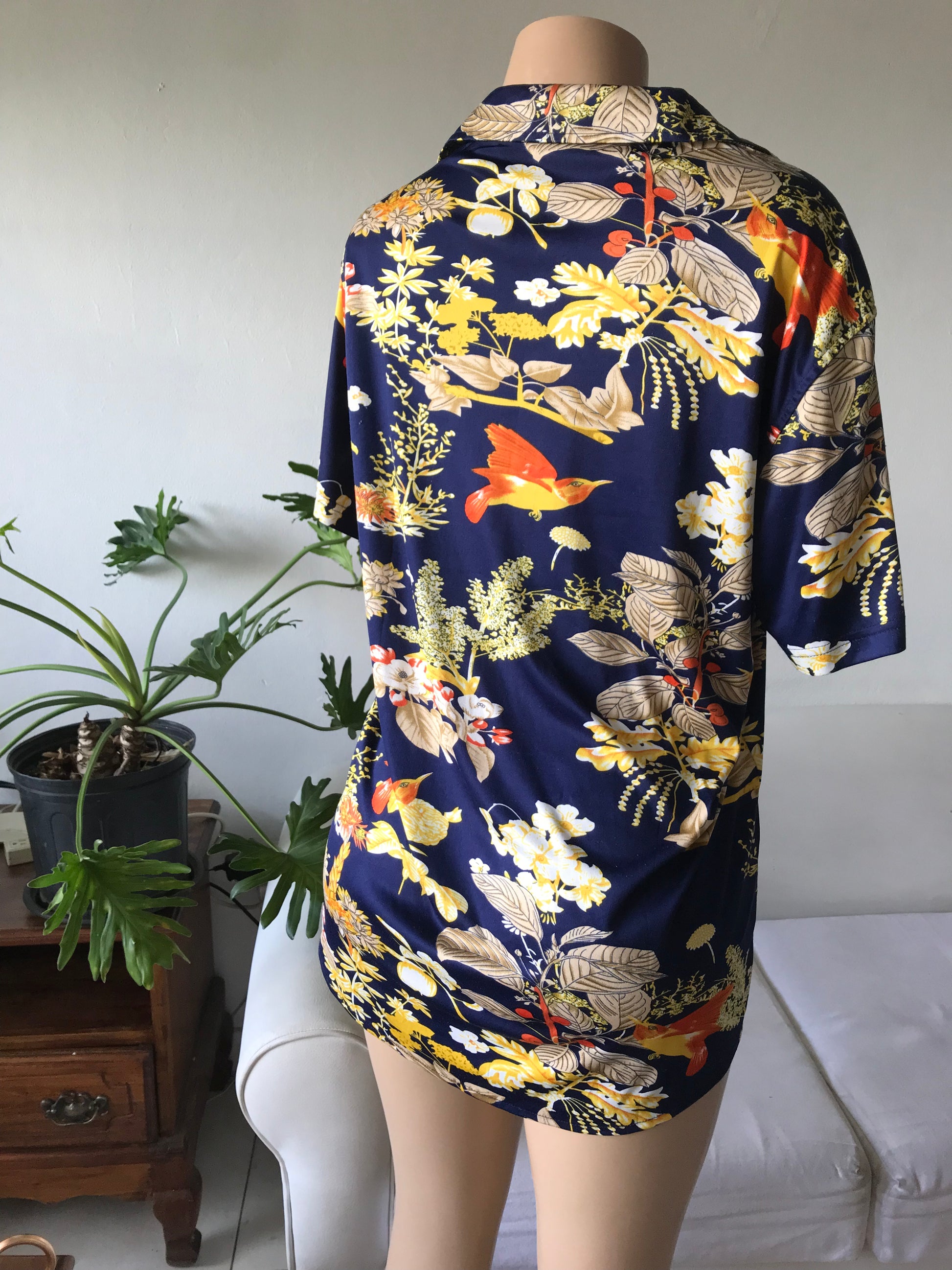 Retro hummingbird Navy button down shirt mens m ... +++ ^^^