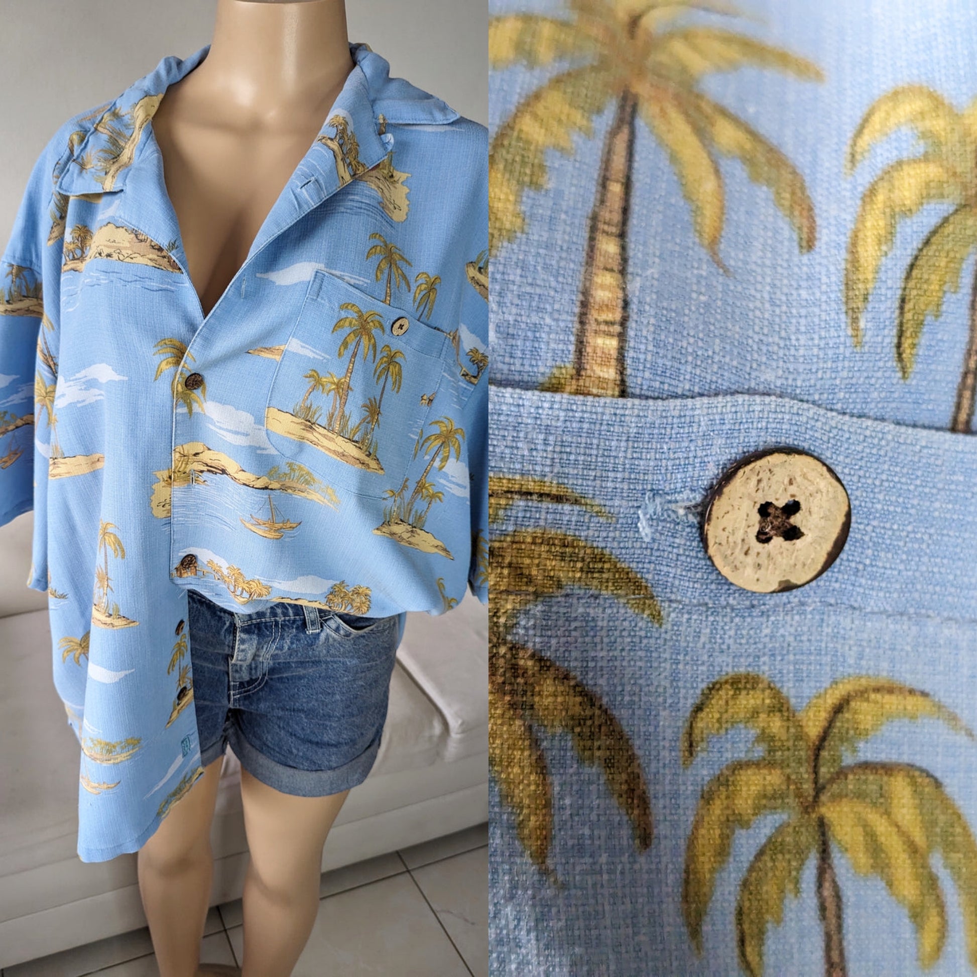 Vintage Island Print Coconut shell button. Shirt. Men's. XXL /xl ... +++ ^^^