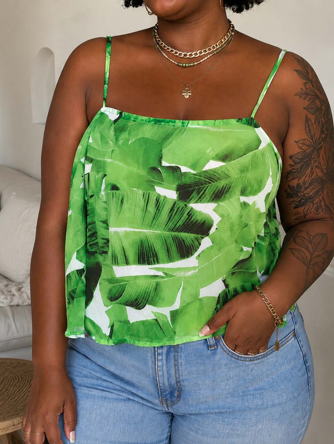 green leaf print spaghetti flounce top sheer ... plus : 2x