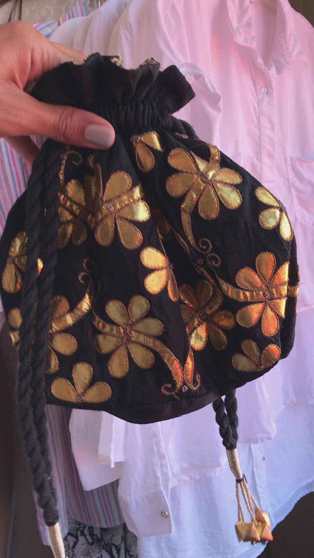 Vintage gold + black draw string pouch bag