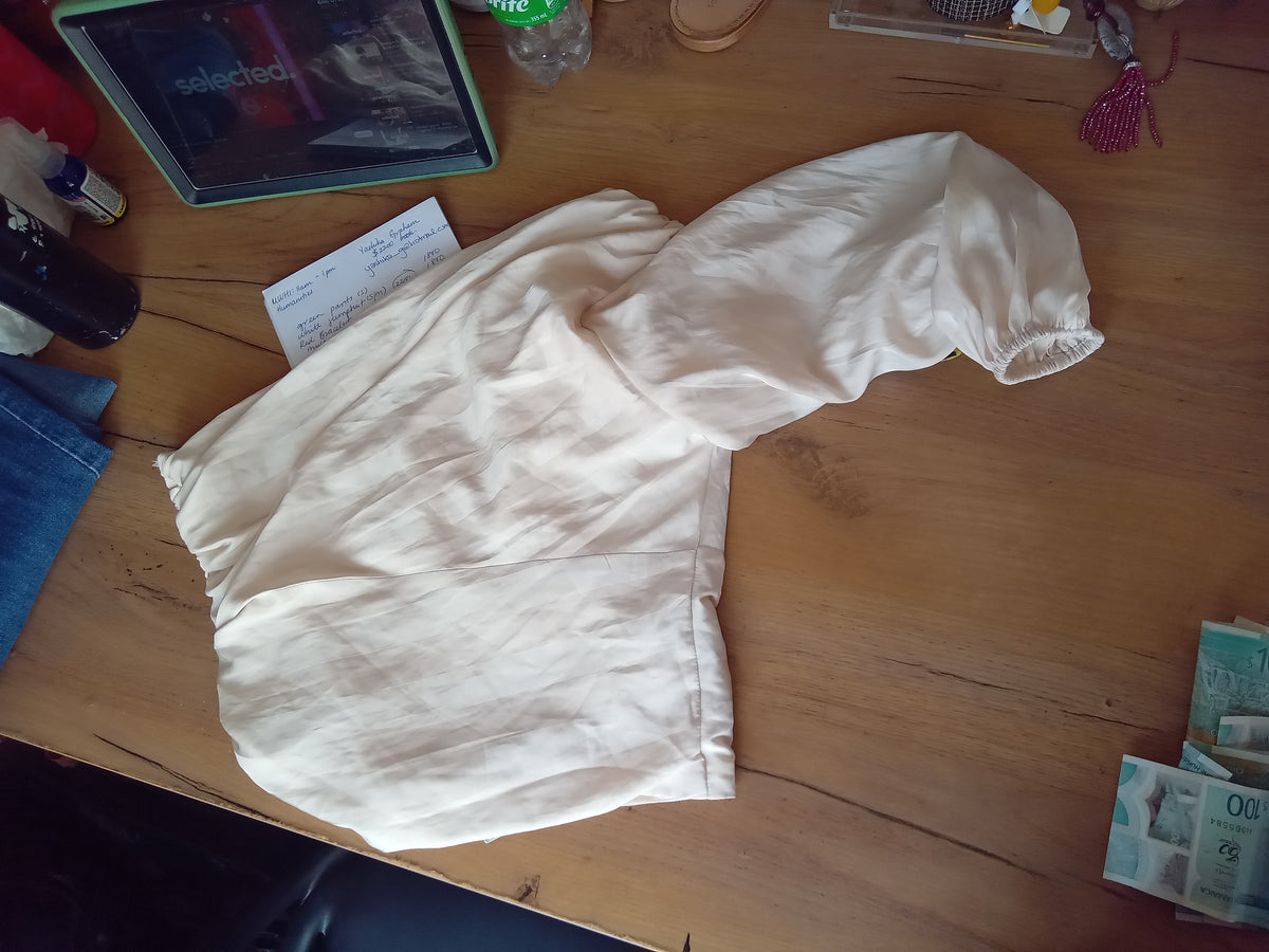 cream one sleeve asymetrical blouse stripe... s