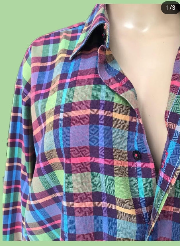 vintage multicolour plaid block button shirt