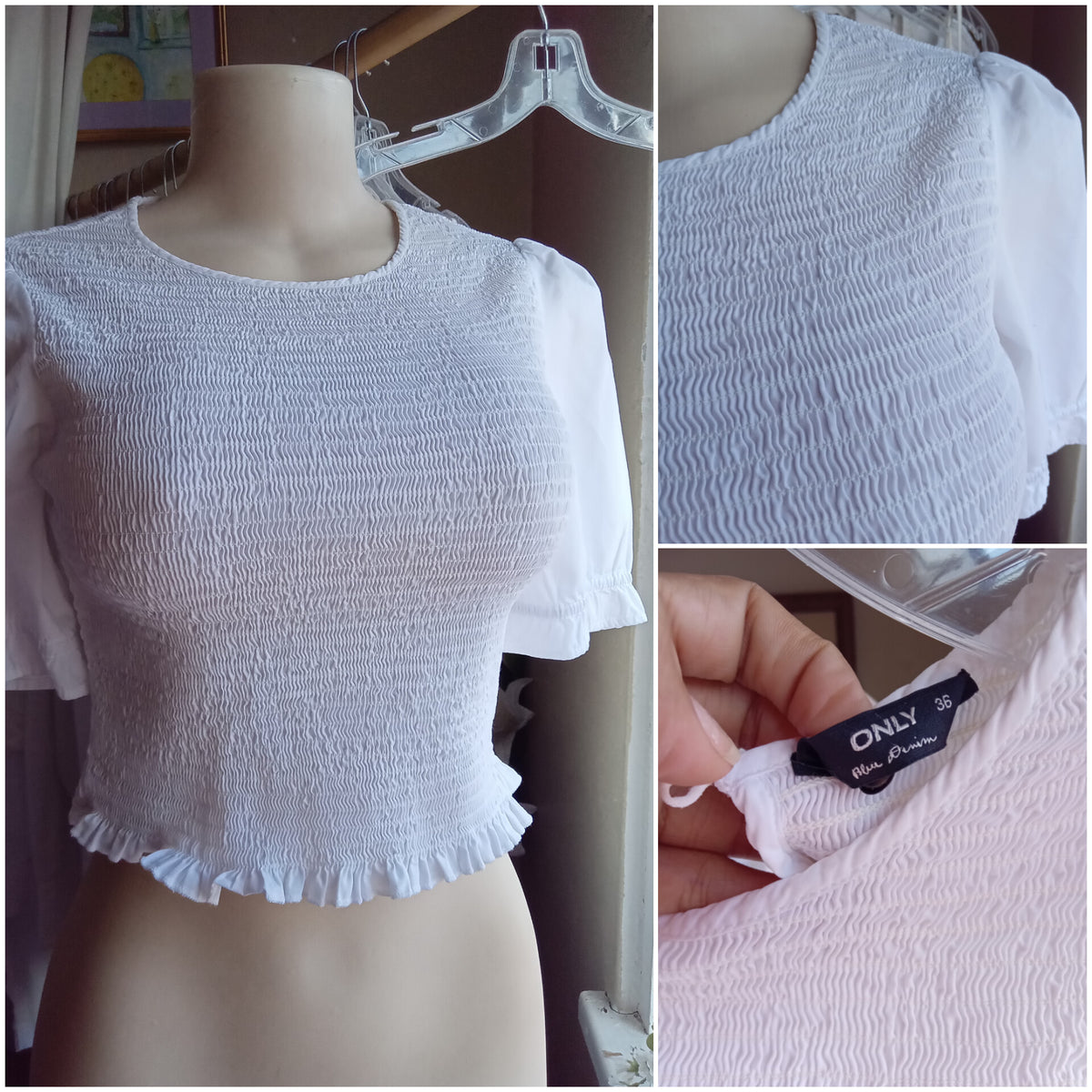 white cotton shirred puff sleeve blouse ,,, s or m
