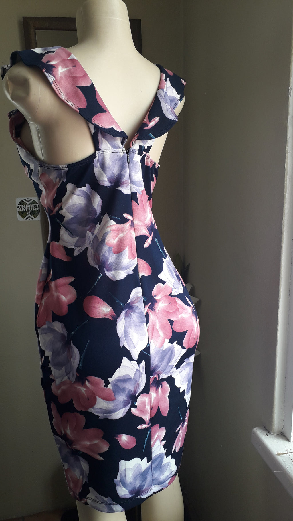 navy pink large floral ruffle neck professional dress M