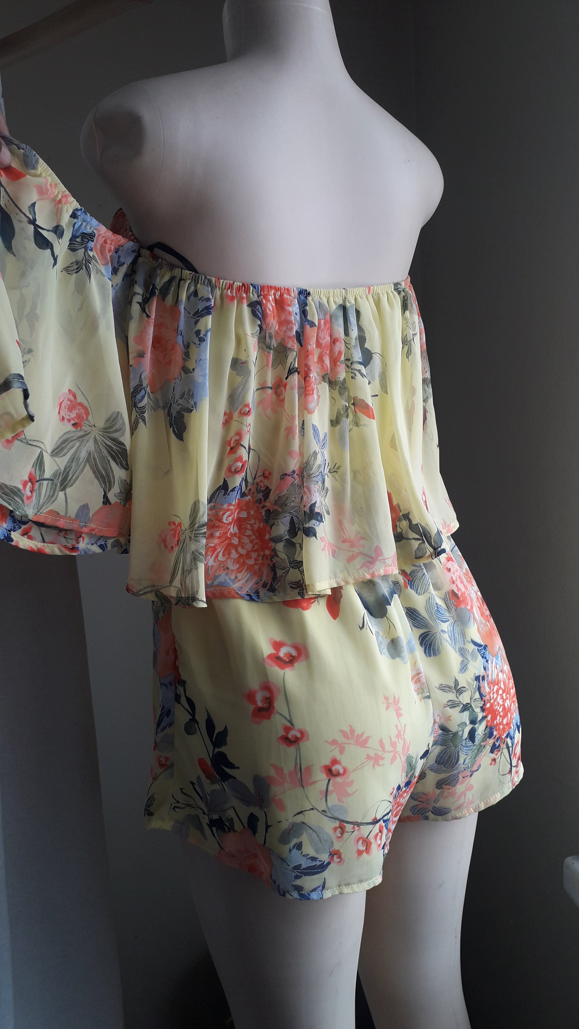 F21 yellow floral sheer romper detached shoulder ~~~ L