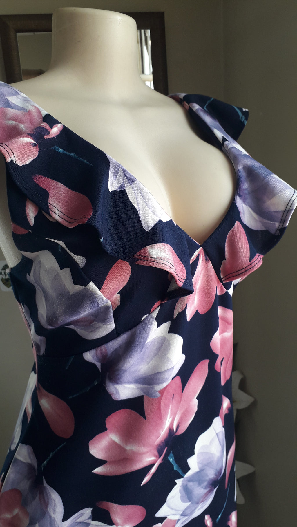 navy pink large floral ruffle neck professional dress M