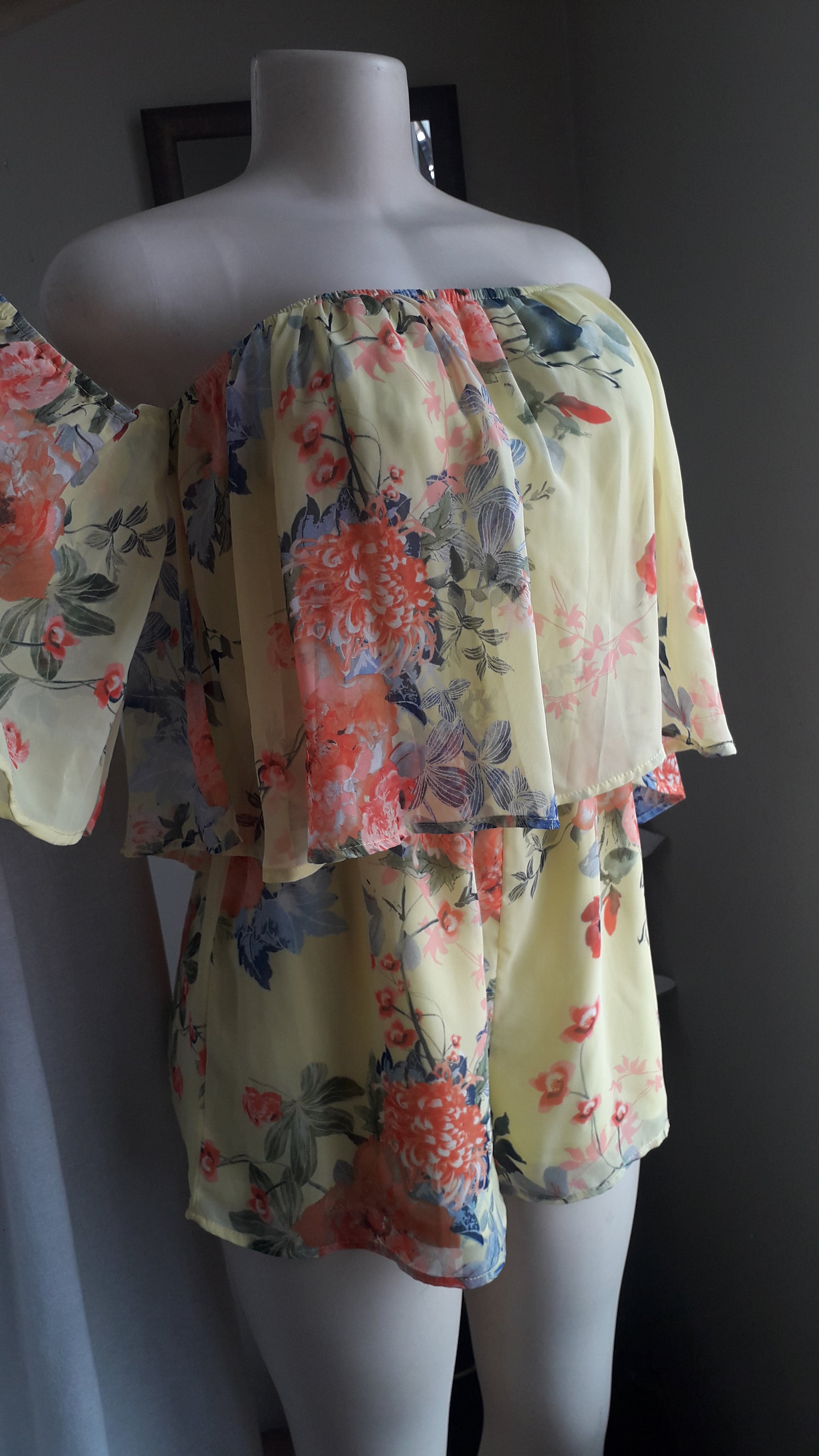 F21 yellow floral sheer romper detached shoulder ~~~ L