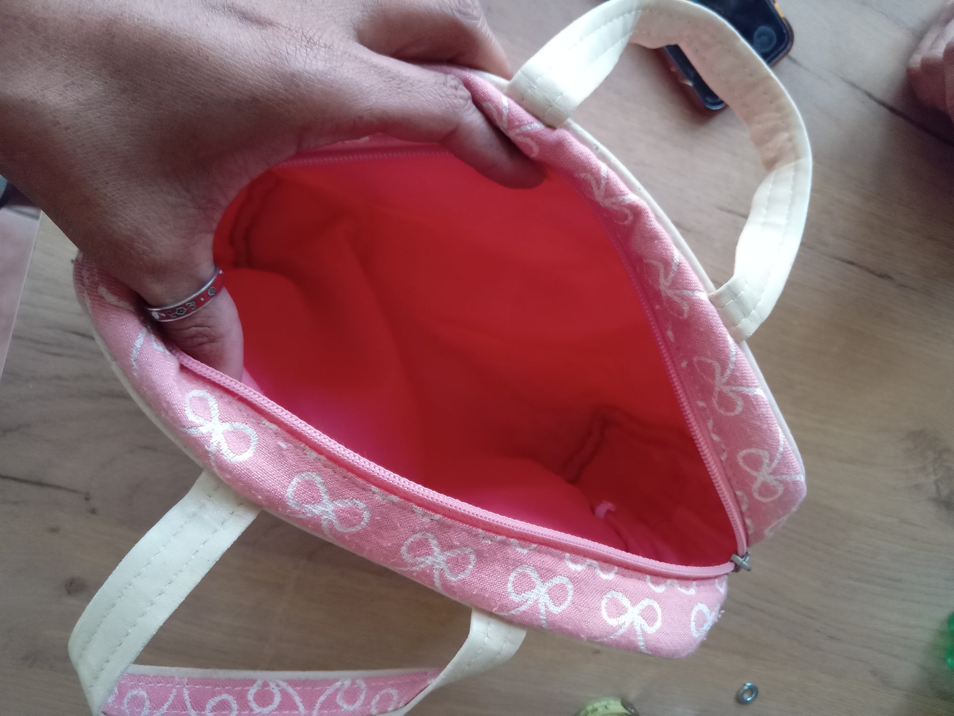 pink organic bow hand / makeup bag