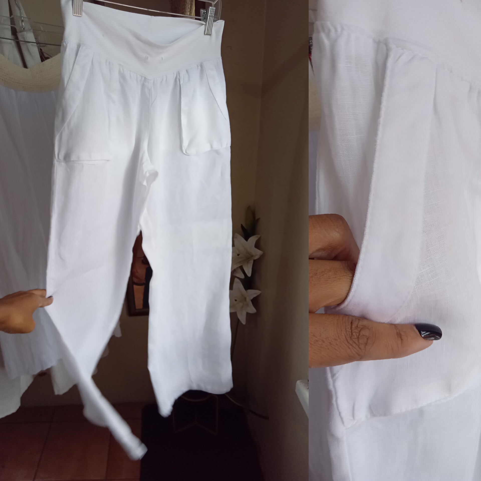 white loose linen pants with pockets and stretchy waist ,,, s to m