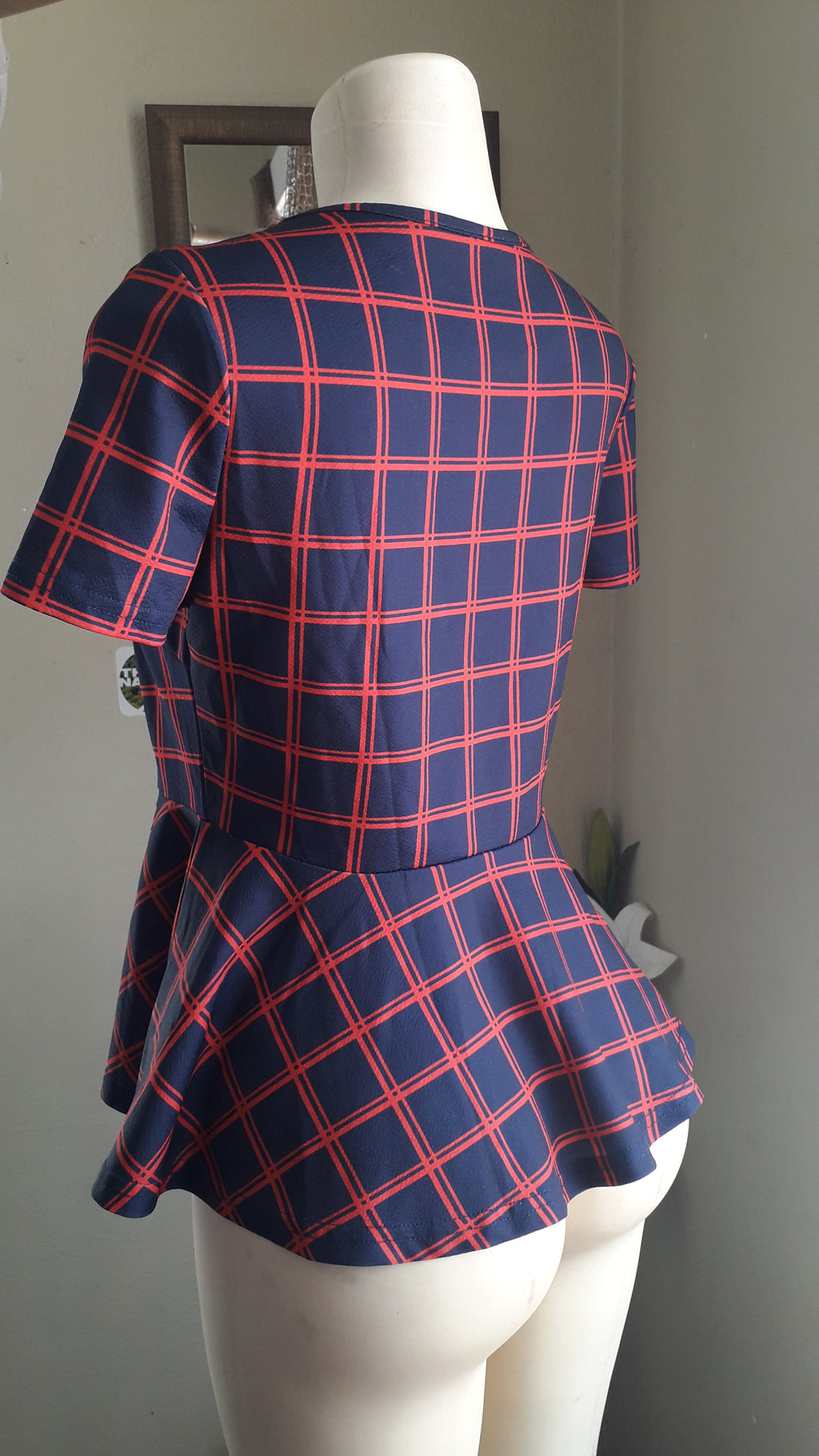 navy red grid professional peplum top ... M