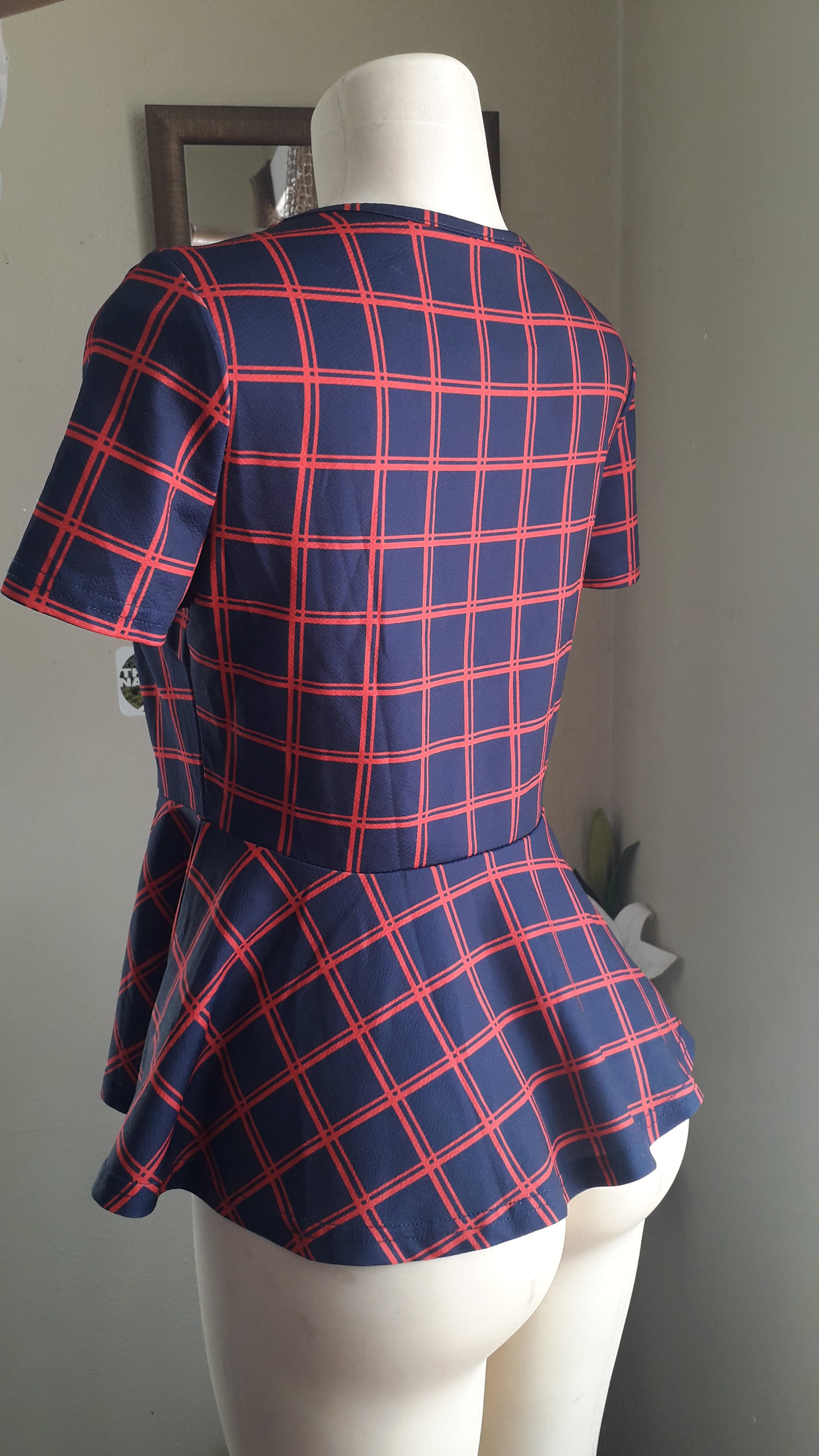 navy red grid professional peplum top ... M