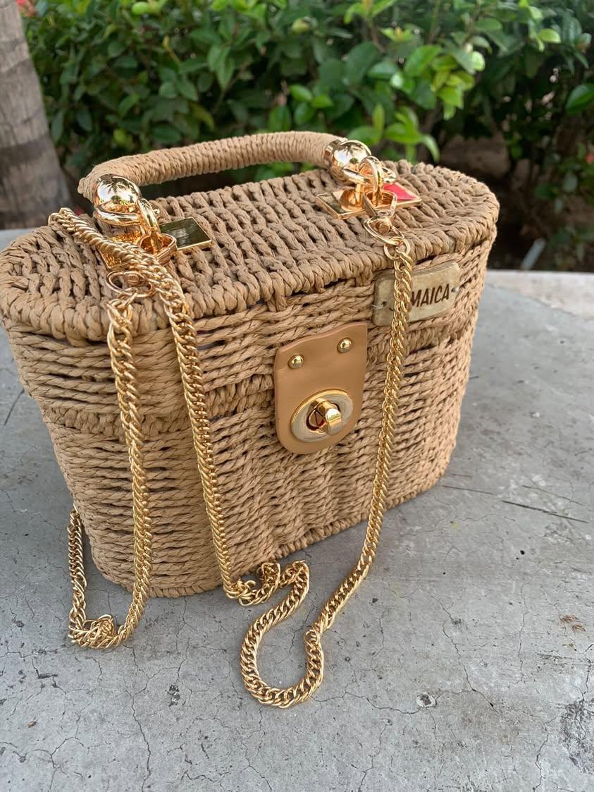 new woven hand bag neutral gold chain floral lining