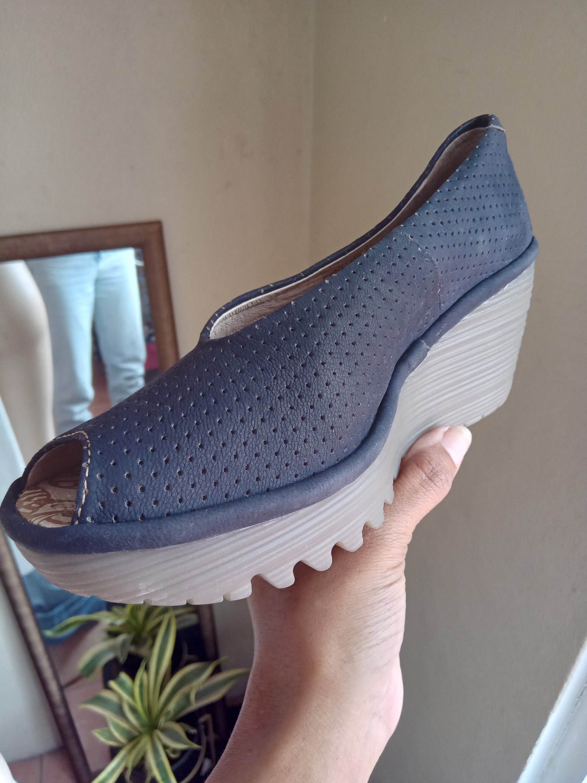 fly london dark grey eyelet wedge heal shoe size 37/ 7