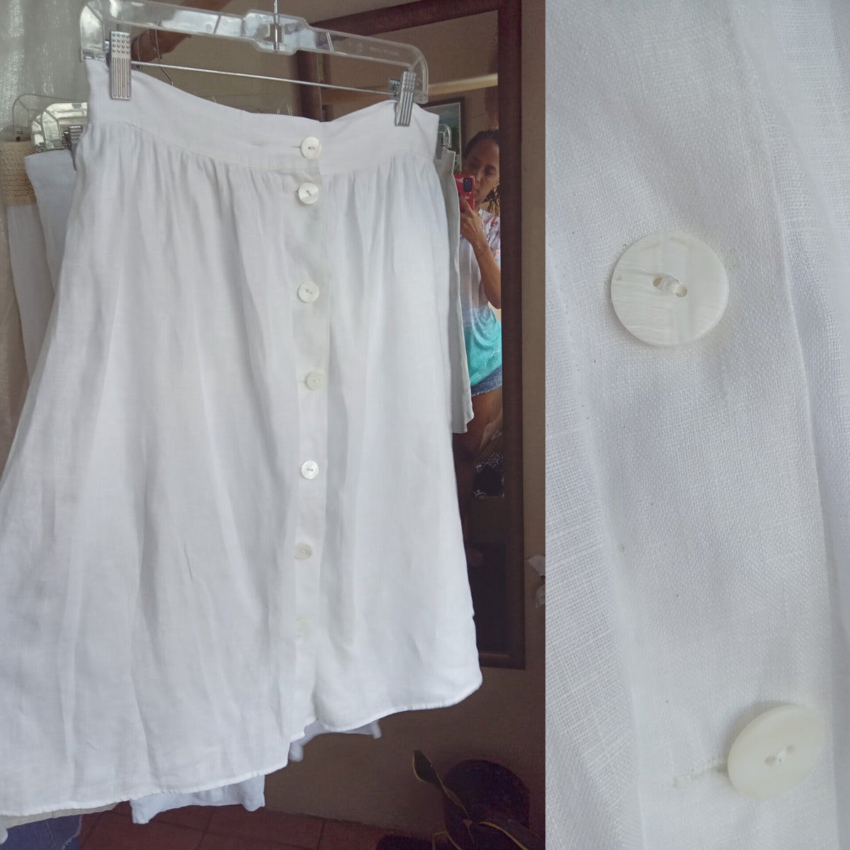 white linen button a line skirt ,,, L