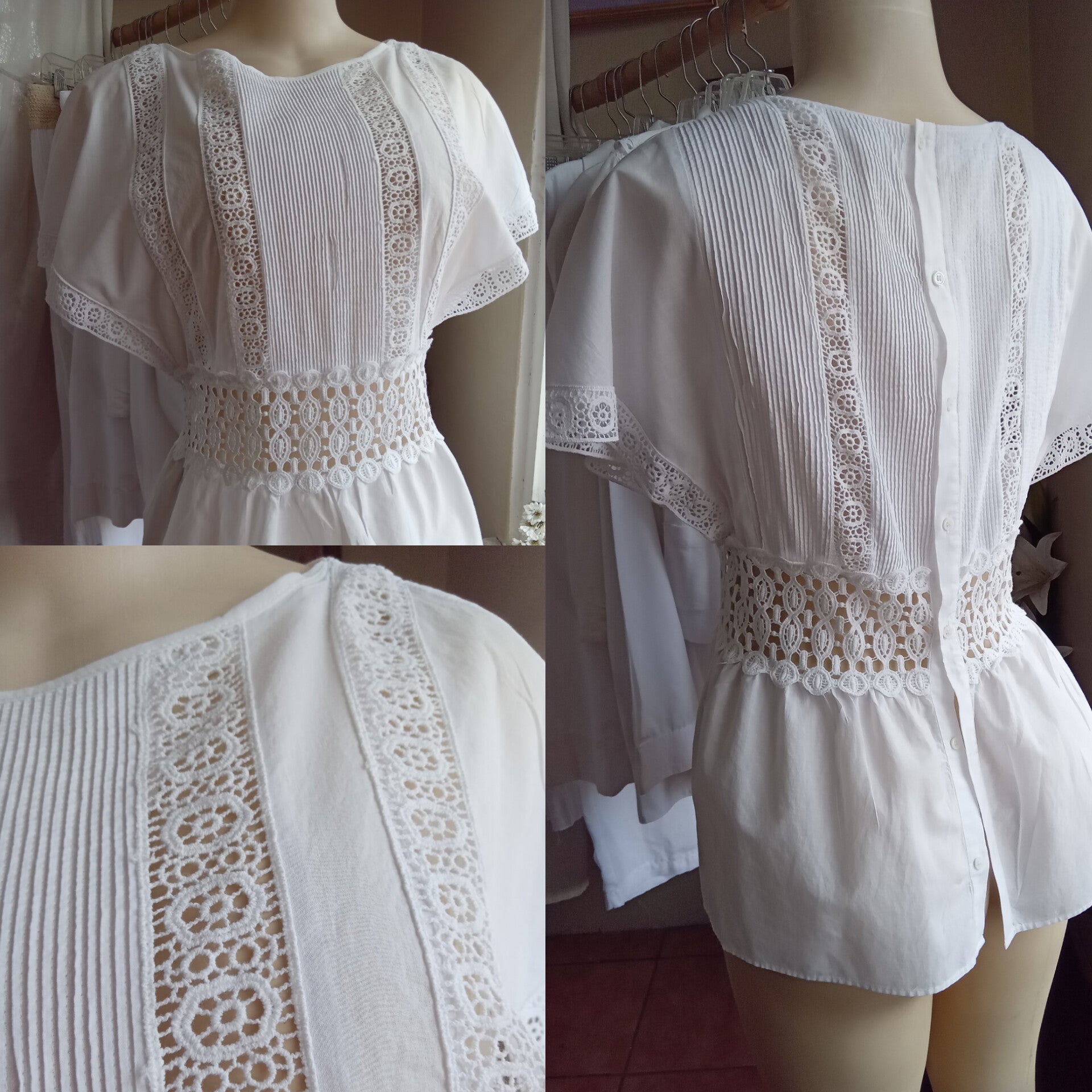Vintage organic white eyelet peplum blouse ^^^ m ,,,