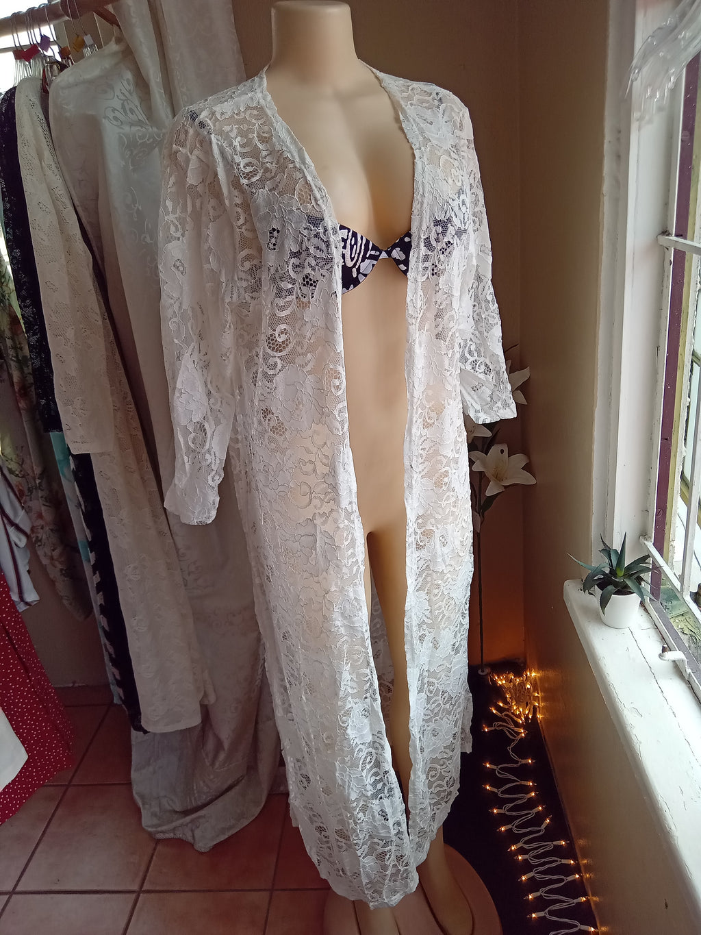 New cream Lace coverup / kimono maxi... One size. vacay swim