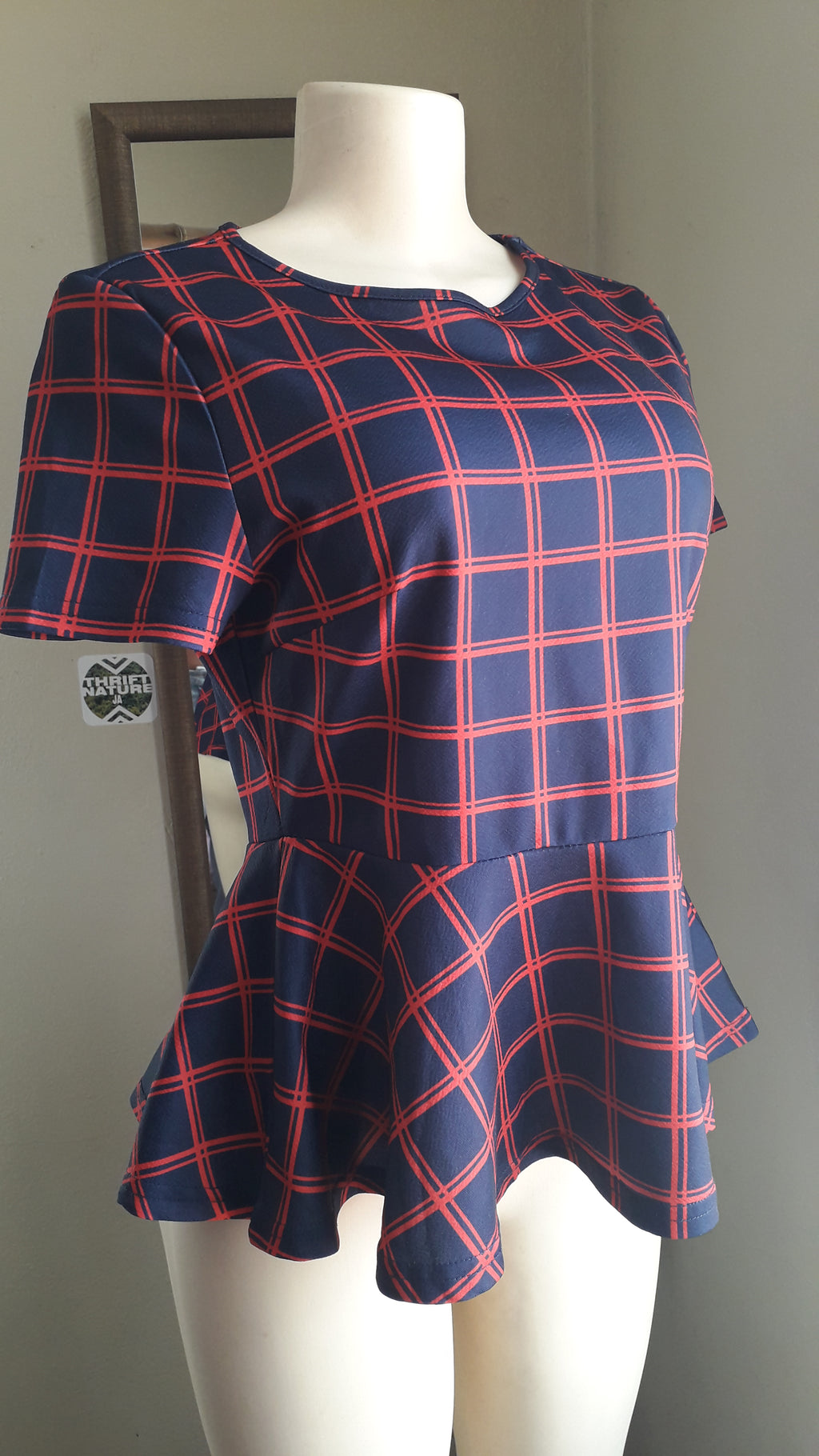navy red grid professional peplum top ... M