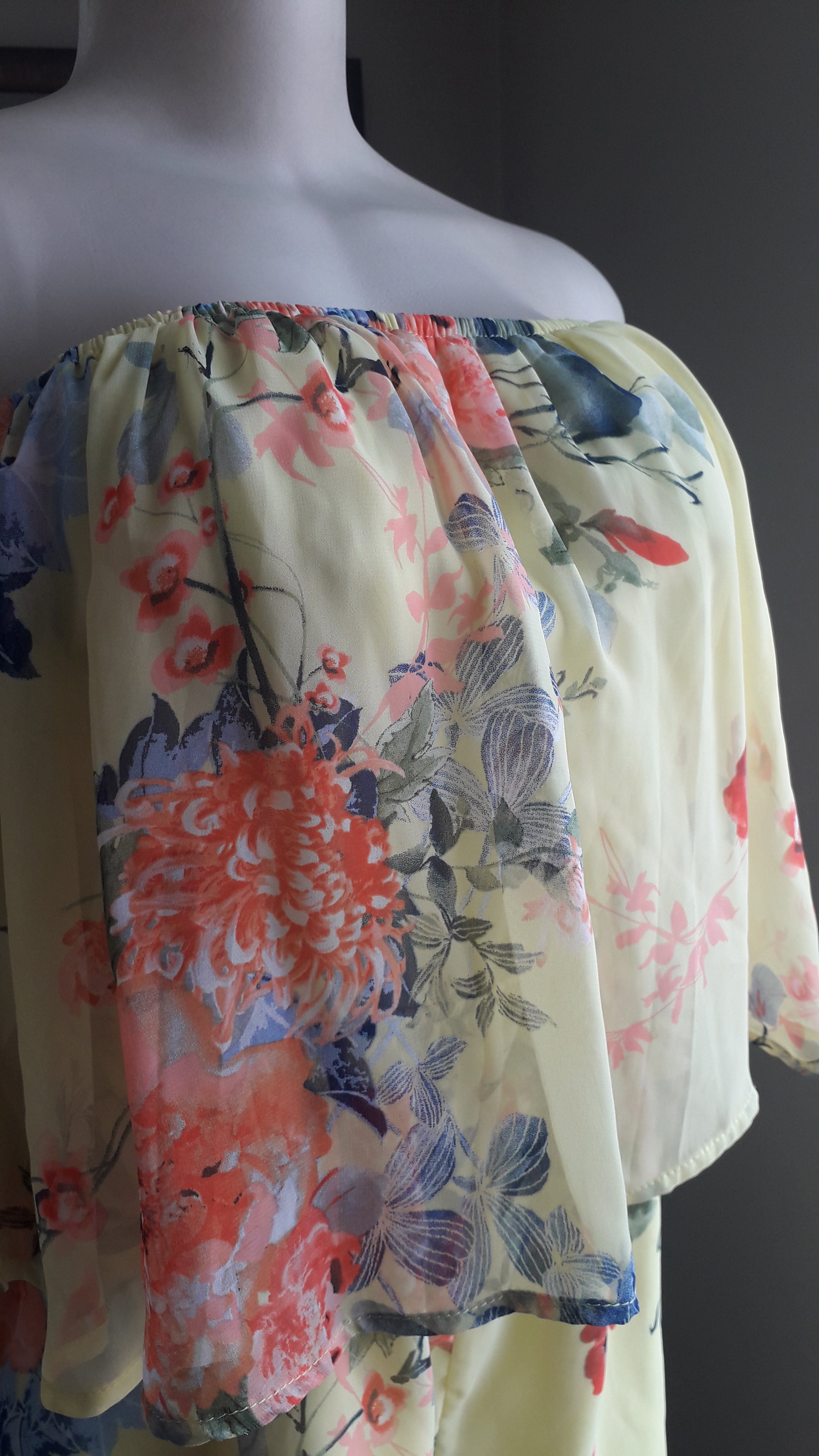 F21 yellow floral sheer romper detached shoulder ~~~ L