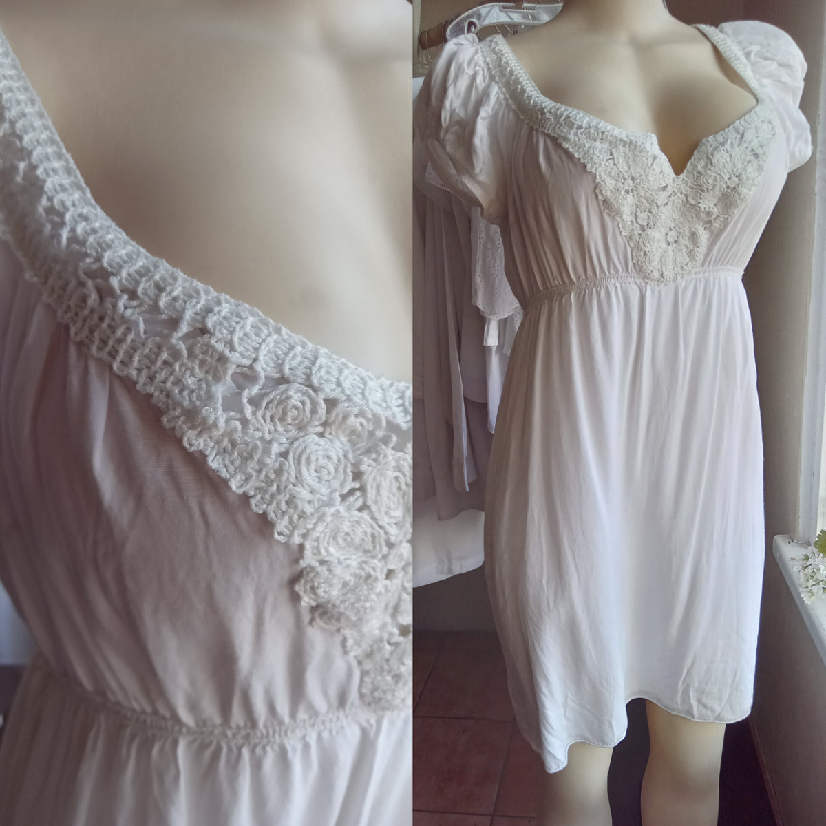 white rayon crochet detail dress short sleeve . L