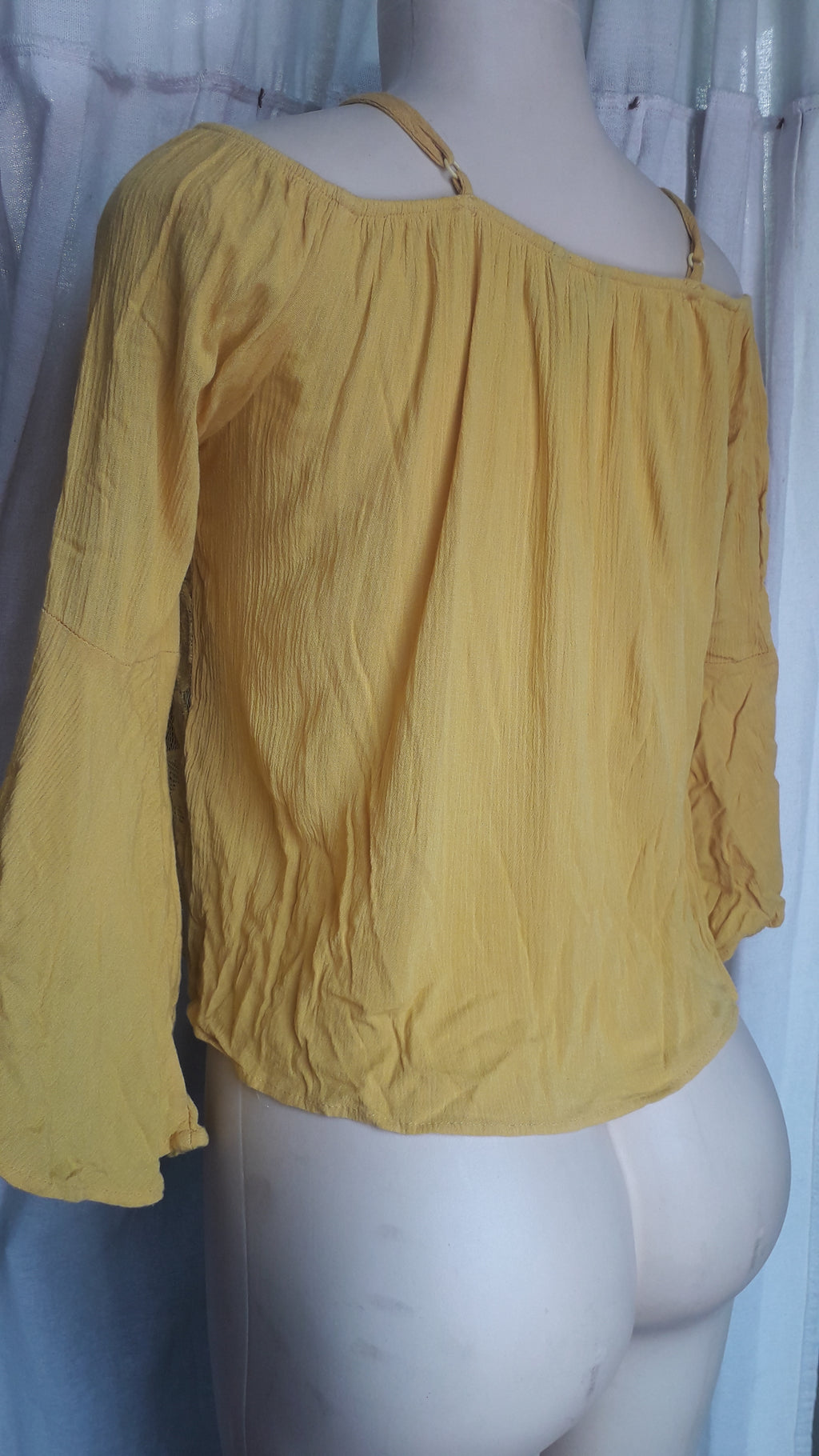 mustard bell sleeve crinkle top off the shoulder ... L