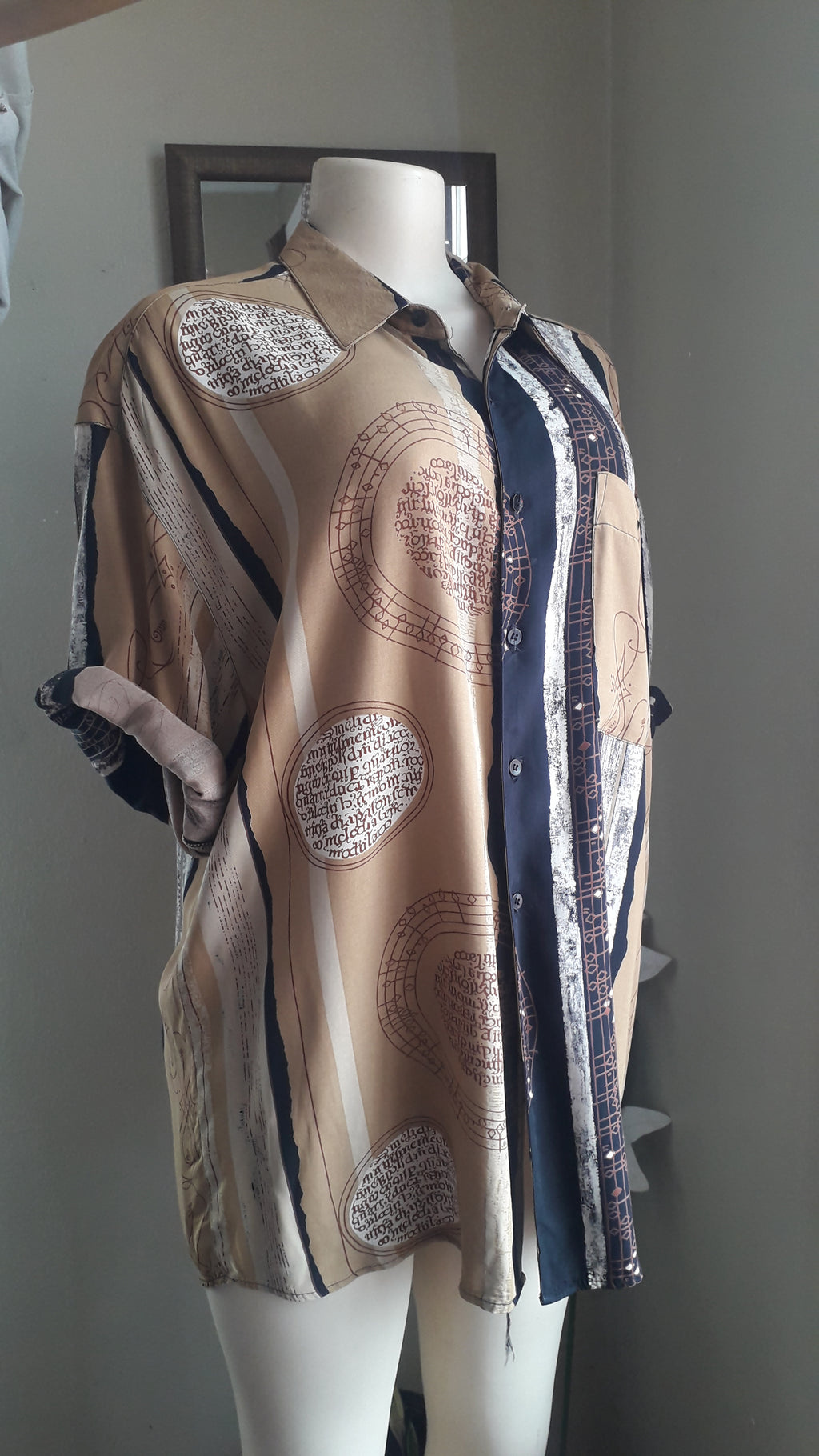 vintage earth tone music note button shirt semi organic ... L ^^^