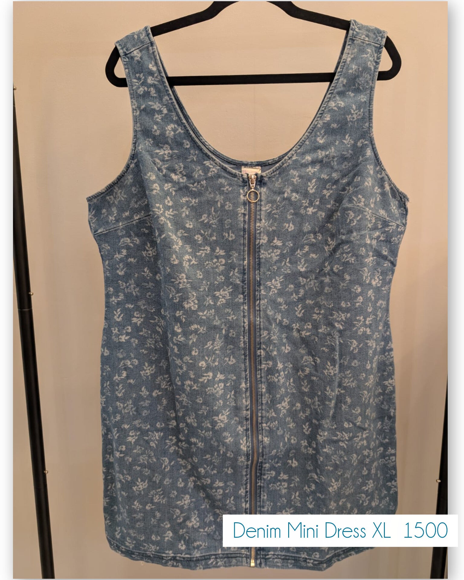 denim floral zip mini dress