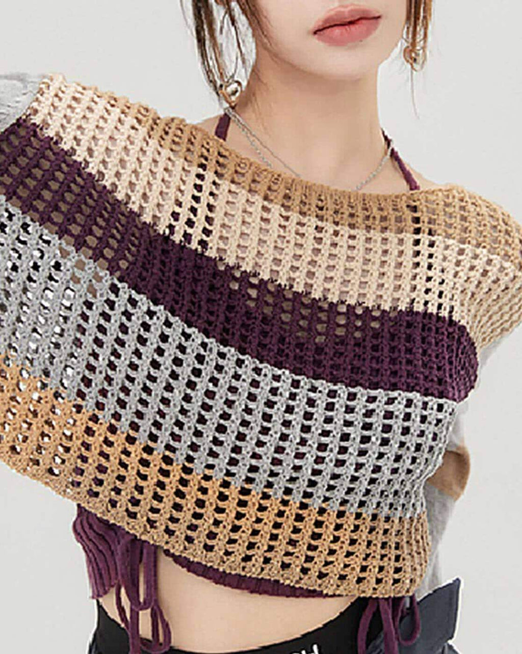 Brown grey bell sleeve knit drop shoulder top ... One size fits most incl plus