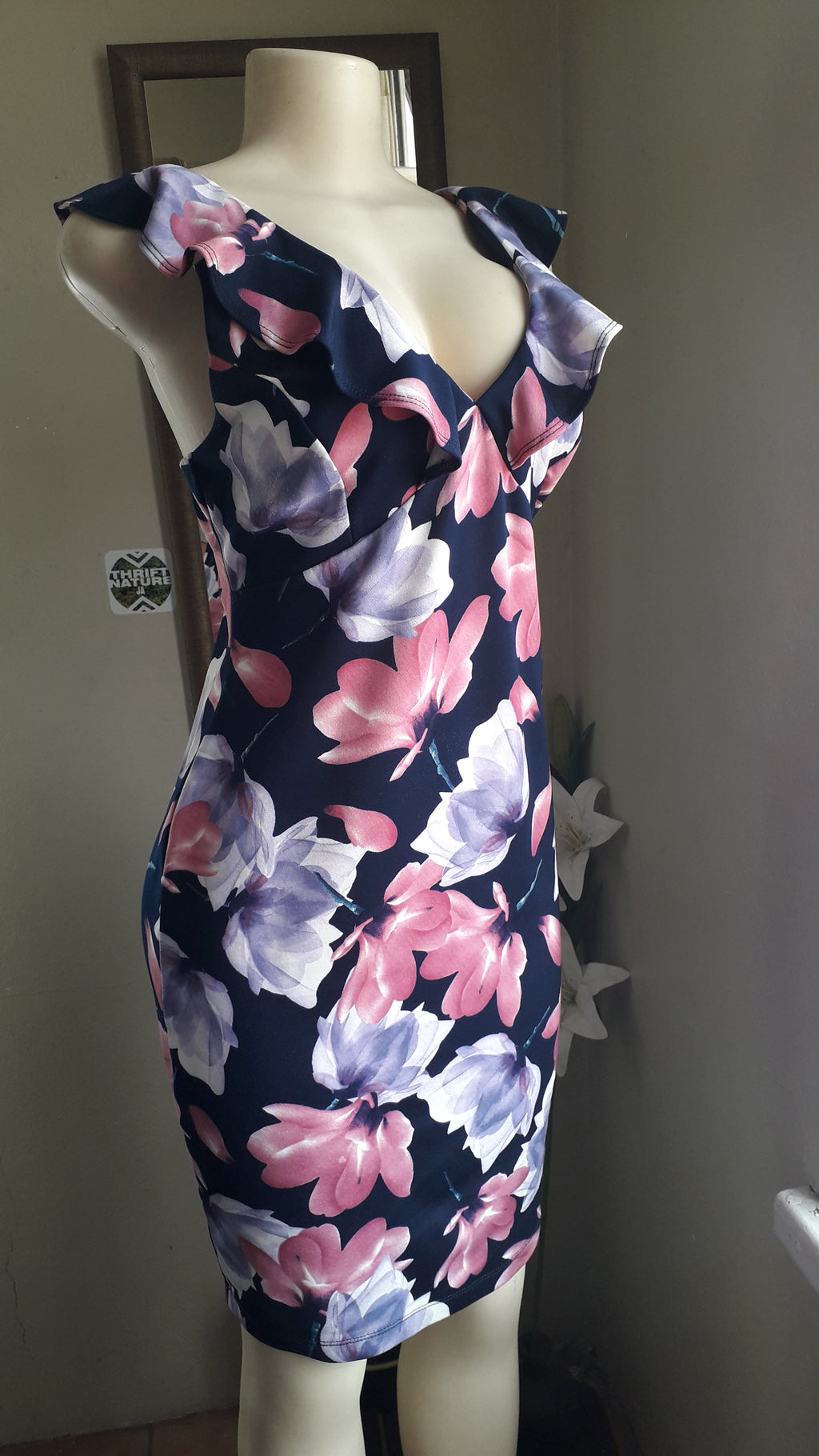 navy pink large floral ruffle neck professional dress M