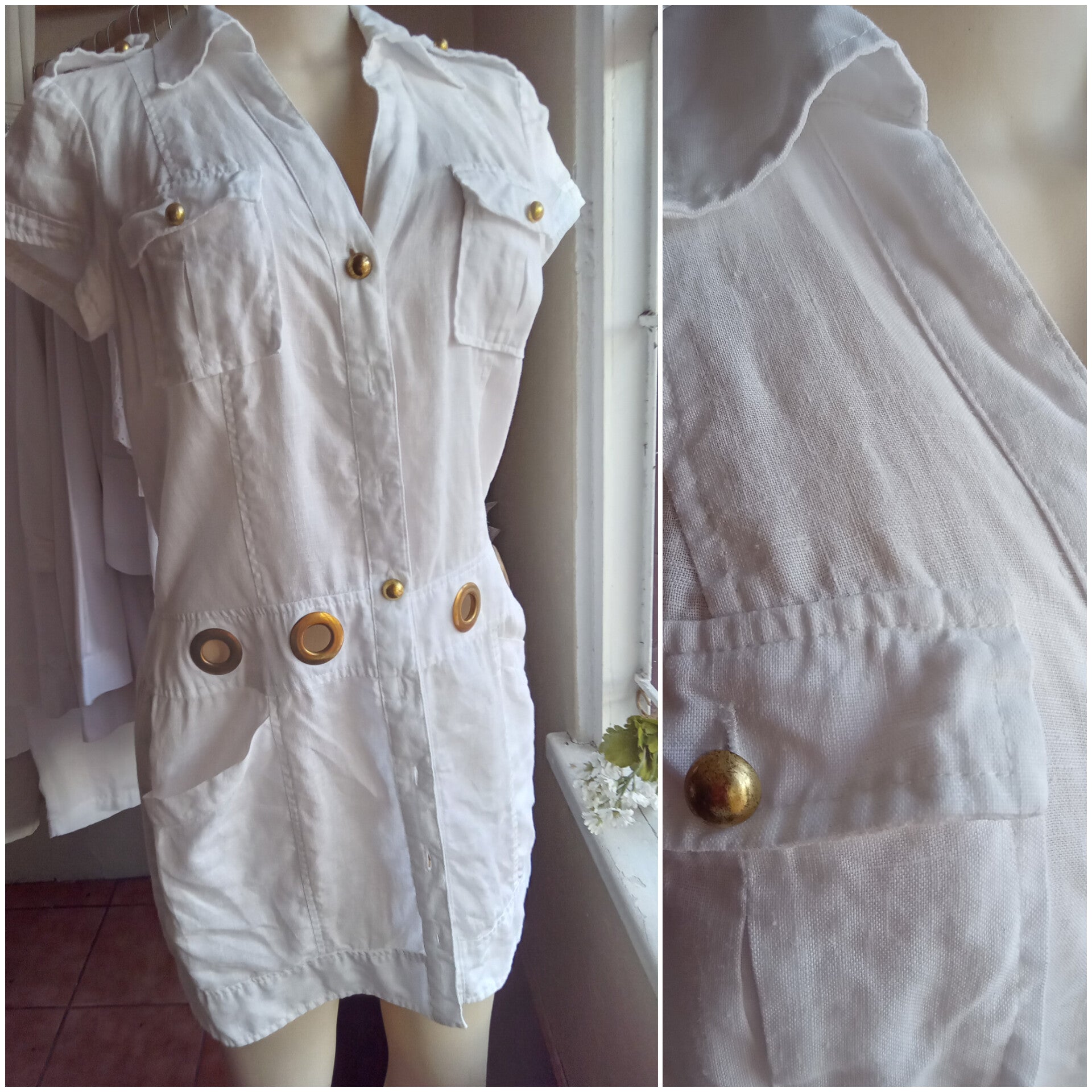 white linen romper with grommets ,,, m ~~~