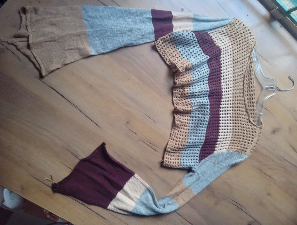 Brown grey bell sleeve knit drop shoulder top ... One size fits most incl plus