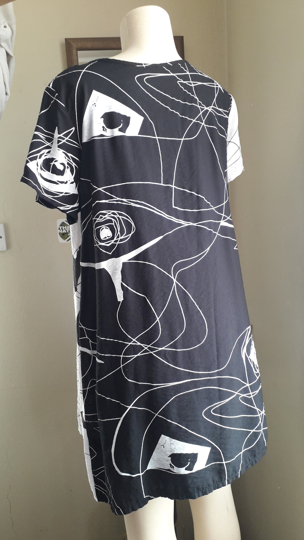 b&w hands face print tunic dress cotton blend . one size