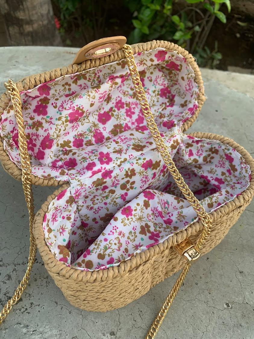 new woven hand bag neutral gold chain floral lining
