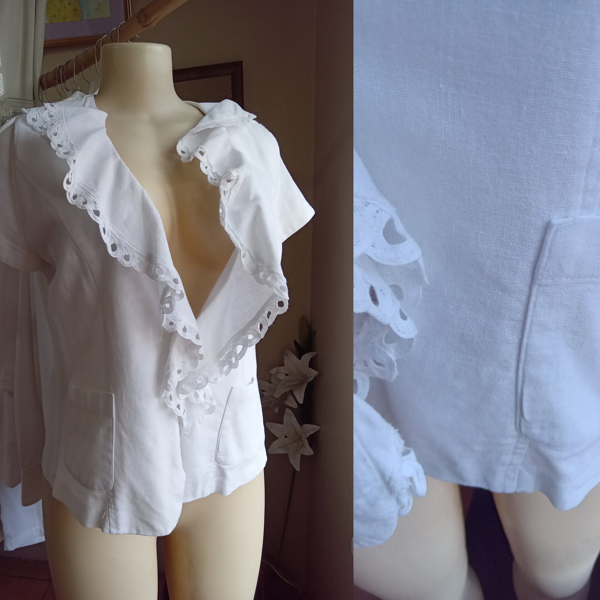 Vintage white linen frill collar blazer ^^^ L ,,, >>>