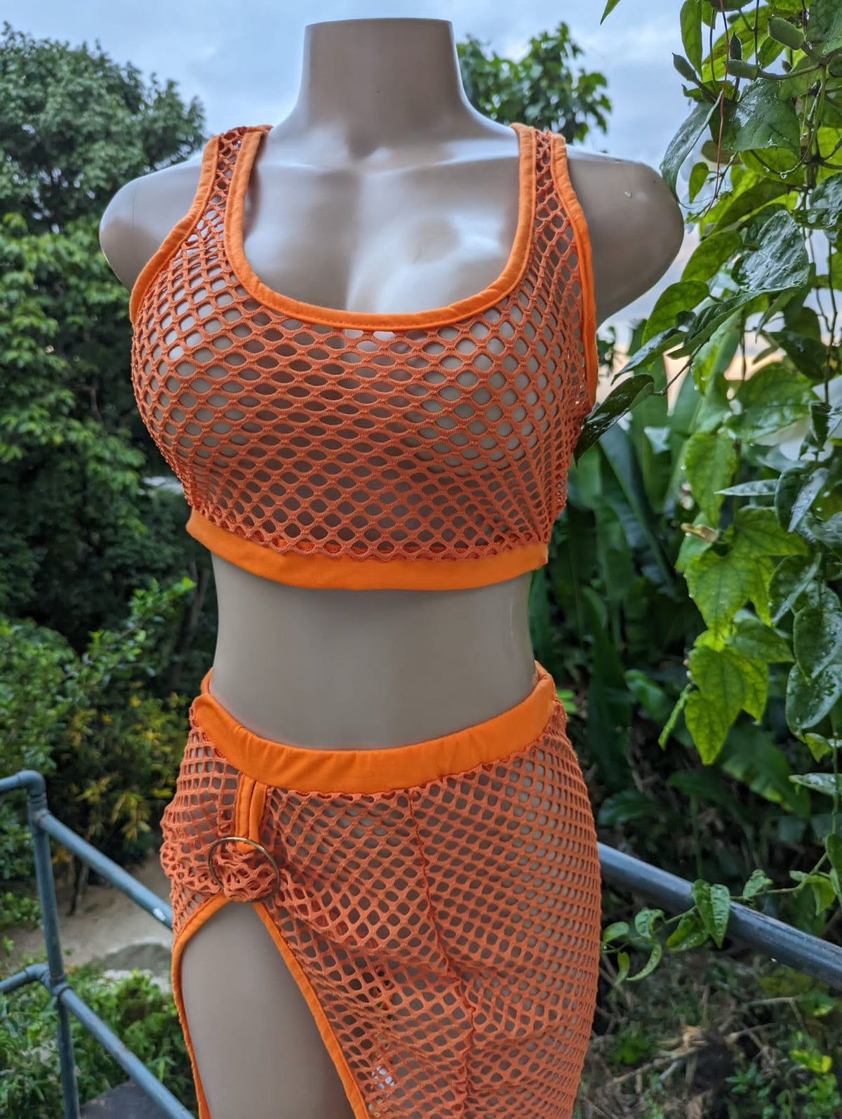 dancehall orange mesh skirt set . M
